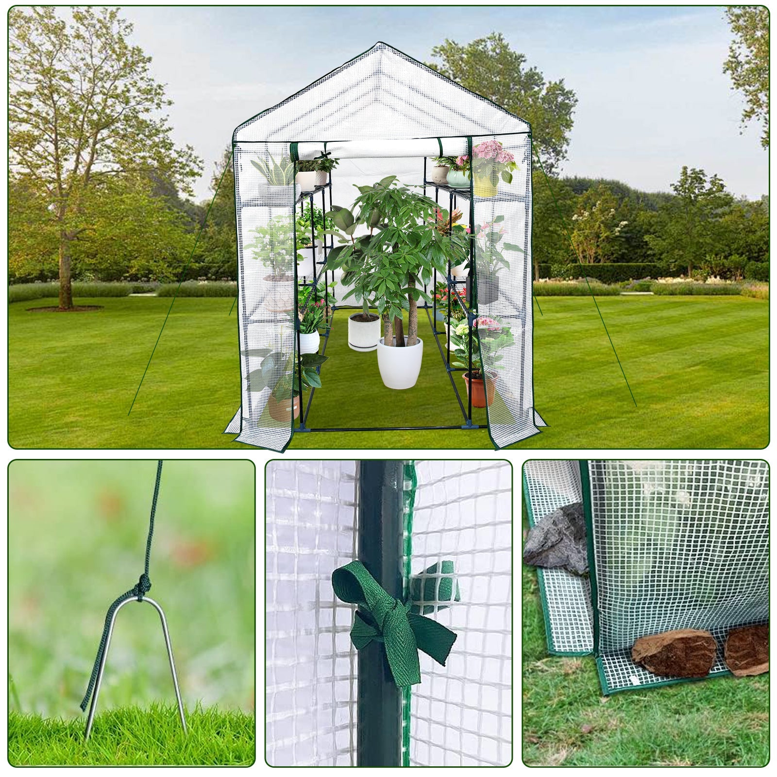 Garvee Large Walk-In Outdoor Greenhouse – 9 Shelves, Heavy-Duty Steel Frame, Roll-Up Zippered Door, Anchors & Ropes, Portable Plant House – Perfect for Garden, Patio, Backyard – White, 143×215×195cm