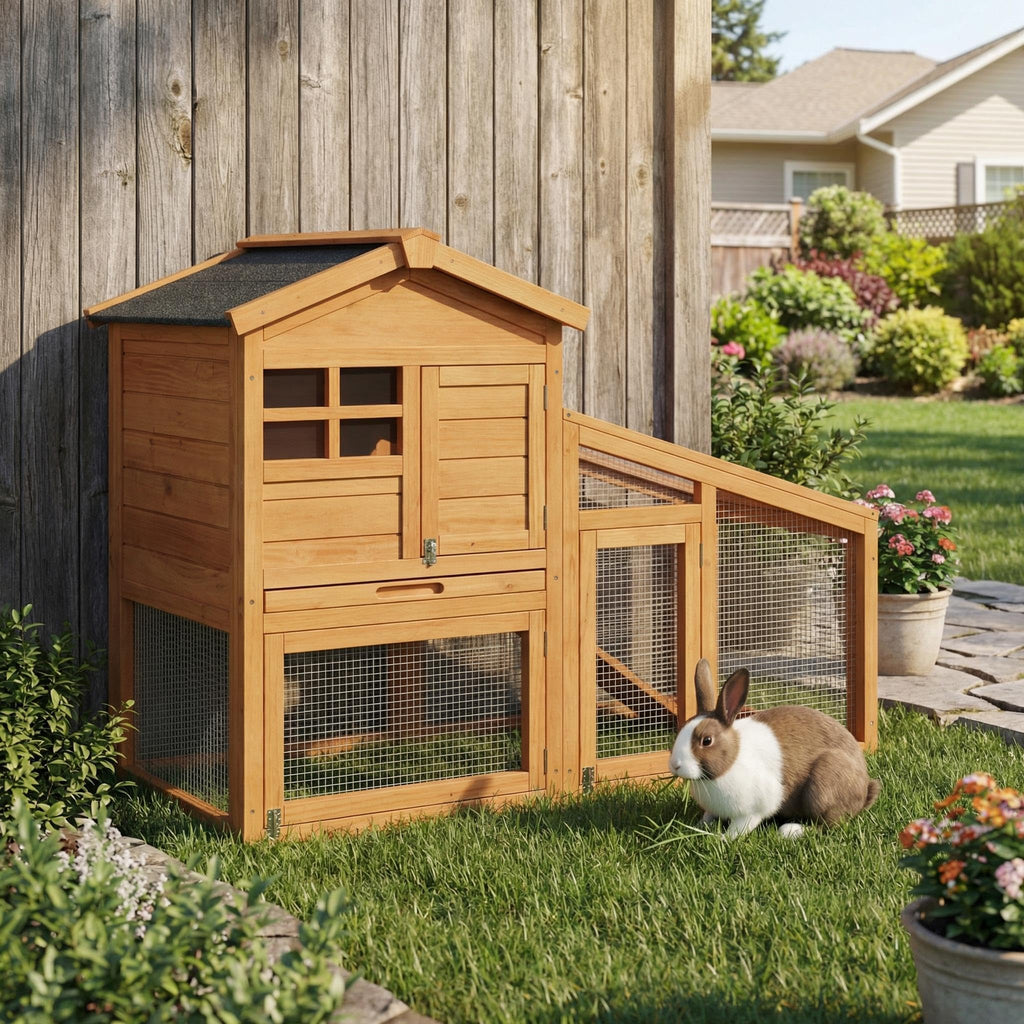 Garvee 2-Tier 53" Wooden Small Animal Cage, Weatherproof Rabbit Hutch with Non-Slip Ramp, Leak-Proof Removable Tray, Anti-Chew Metal Frame, Asphalt Roof, Ideal for Rabbits, Guinea Pigs, Rufous White