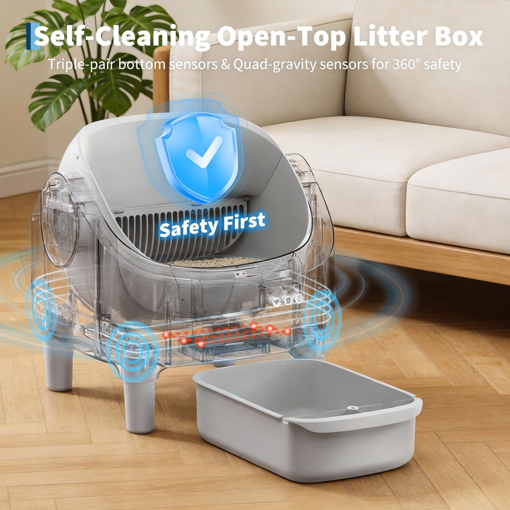 Garvee Self-Cleaning Cat Litter Box with App Control, Automatic Litter Box with Odor-Free 10.5L Bin, Whisper-Quiet, 7-Layer Safety, Open-Top Design for Large & Multiple Cats, Gray
