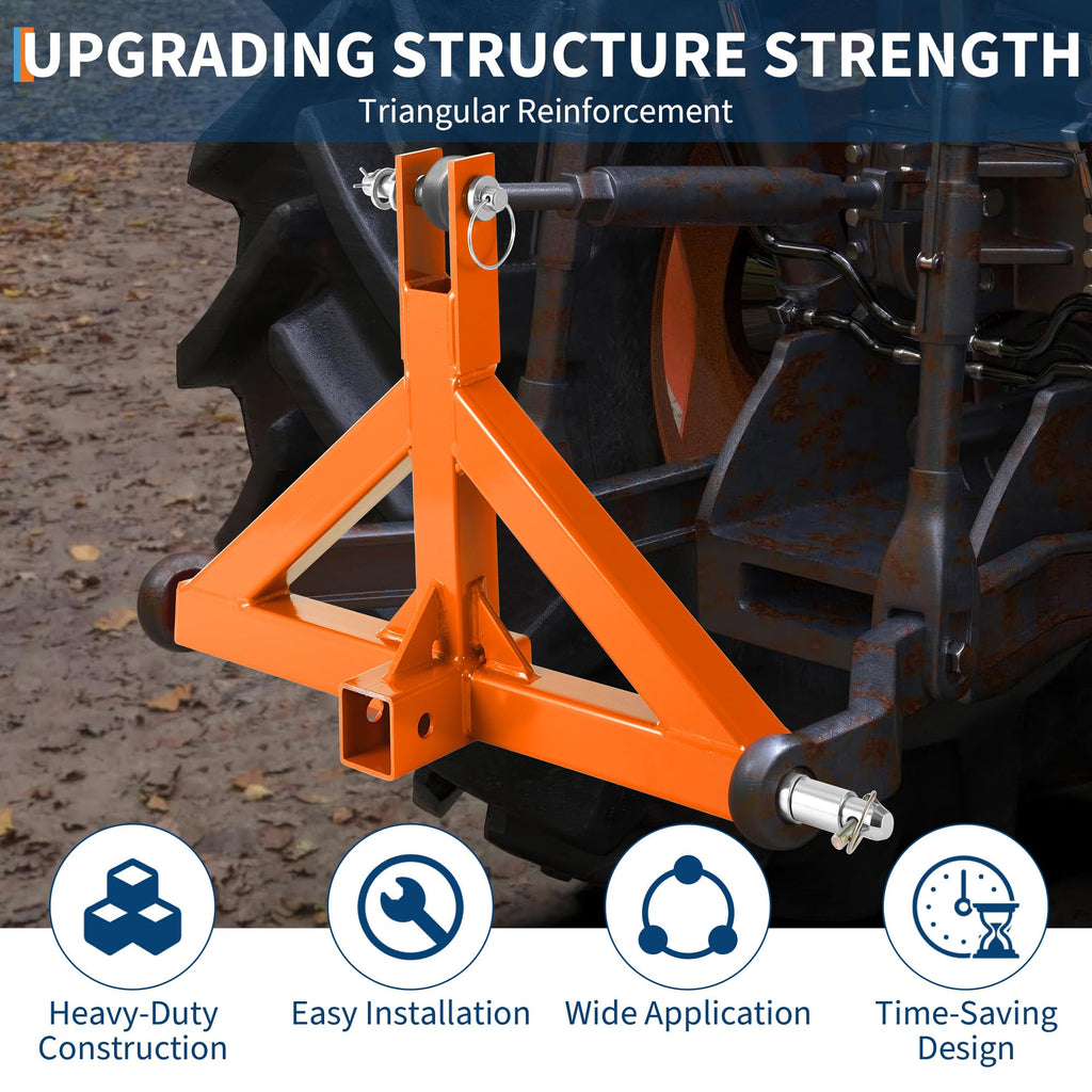Garvee 3 Point Hitch Receiver 2" with Towing Hook, 3000 lbs Capacity, Q235 Steel, Corrosion-Resistant Powder Coat, Dual-Pin Design, Category 1 Tractors, Subcompact Tractor Use