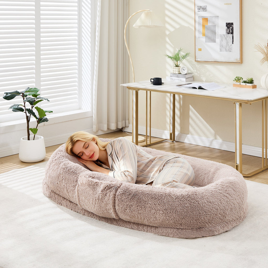 Garvee Orthopedic Memory Foam Dog Bed for Adults & Pets – Oversized Bean Bag Sofa, Washable Faux Fur Cover, Side Pocket, Waterproof, Calming Nap Couch for Living Room or Bedroom – Light Brown