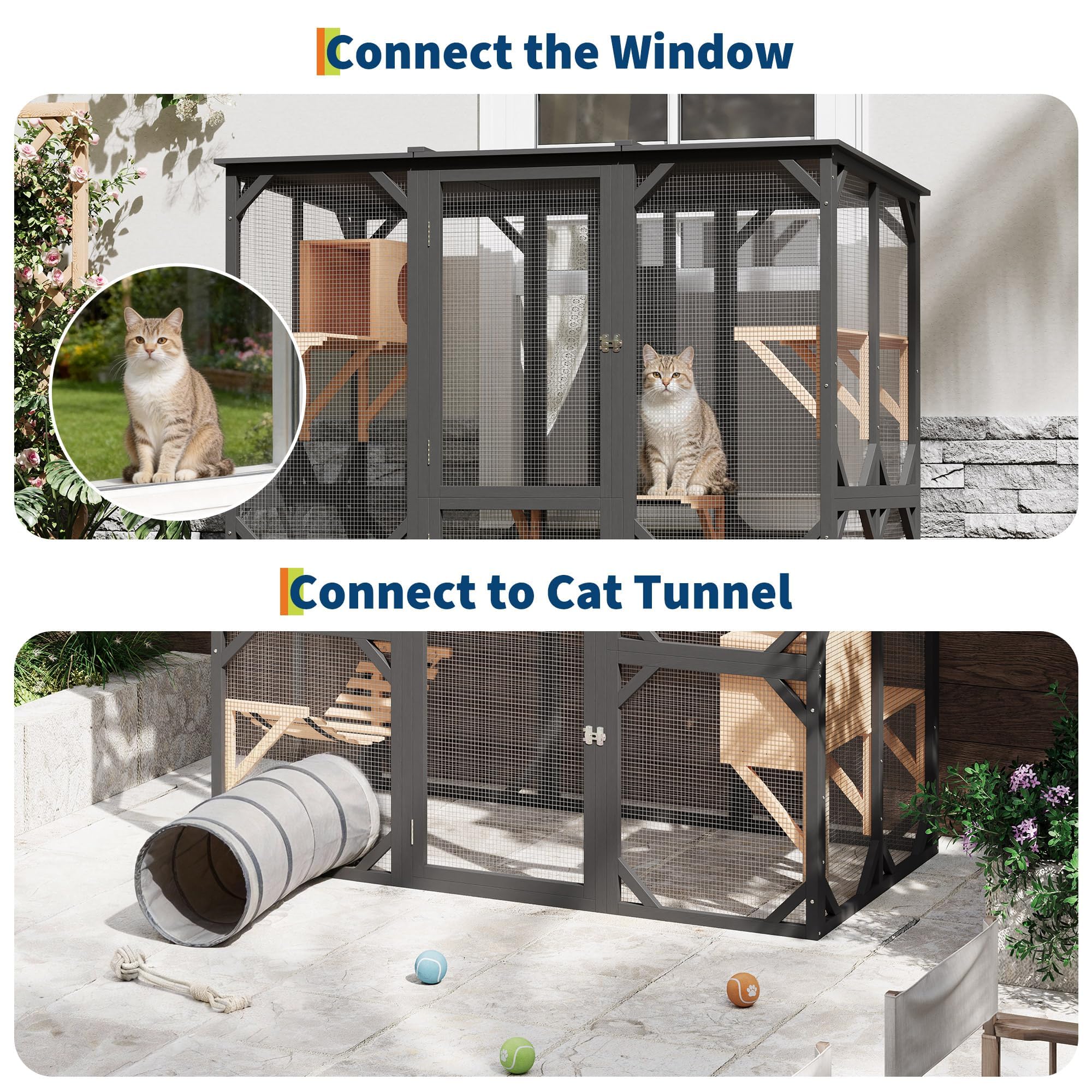 Garvee 70" Large Catio with Window Access, Outdoor Walk-in Cat Enclosure for Cats, Wooden Cat Patio with Asphalt Roof, Platforms, Scratch Post, Bridge & Condo Black