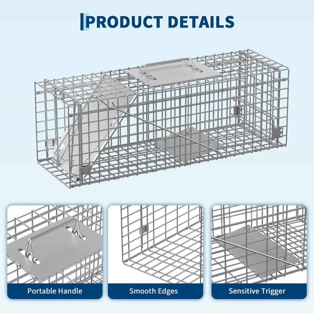 Garvee Compact Live Animal Trap Cage – Humane, Collapsible Steel, Sensitive Trigger – For Raccoons, Cats, Squirrels, Skunks, Rabbits, Foxes – Carry Handle – 24x8x8 in / 60x19x20 cm, Up to 2kg/4.4lbs