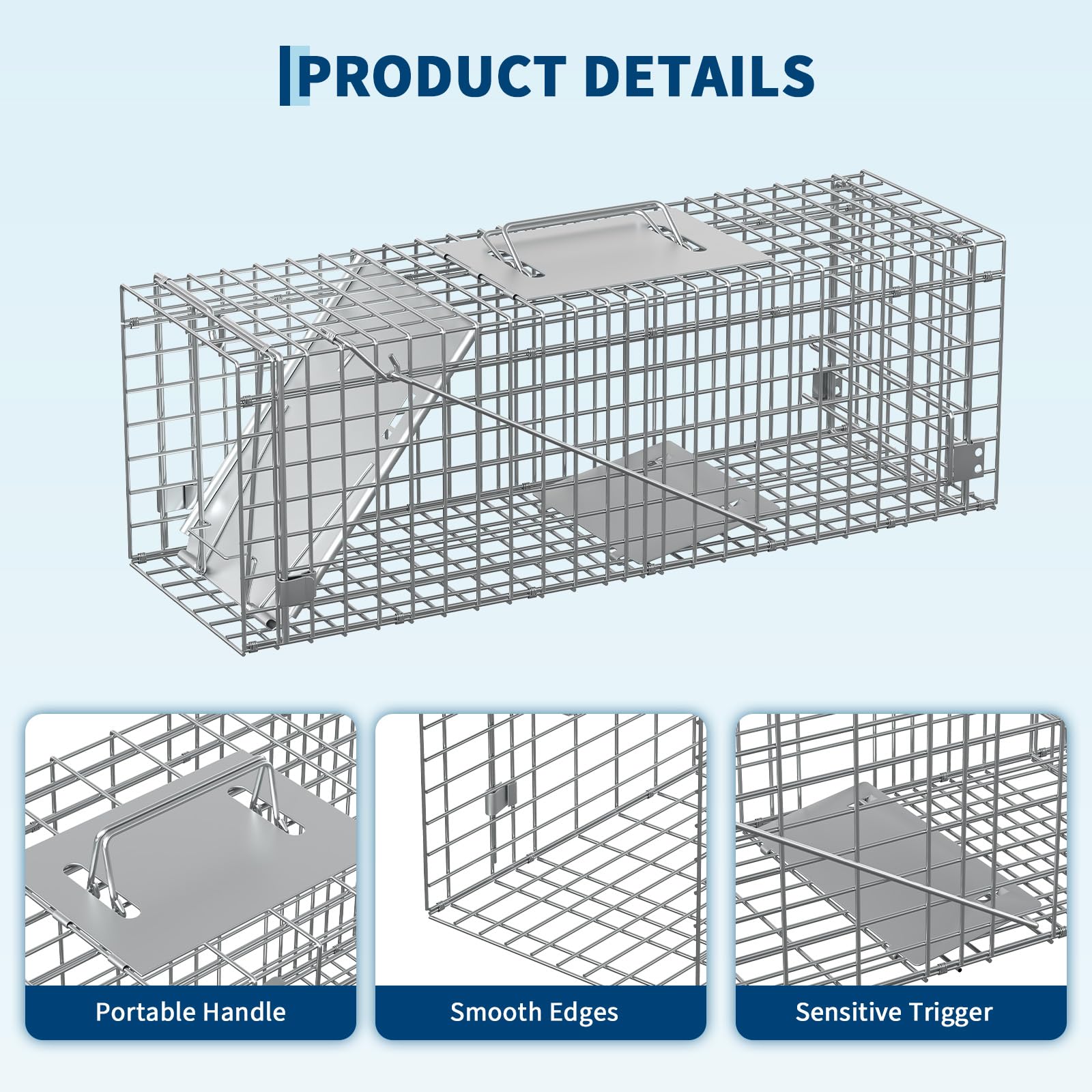 Garvee Compact Live Animal Trap Cage – Humane, Collapsible Steel, Sensitive Trigger – For Raccoons, Cats, Squirrels, Skunks, Rabbits, Foxes – Carry Handle – 24x8x8 in / 60x19x20 cm, Up to 2kg/4.4lbs