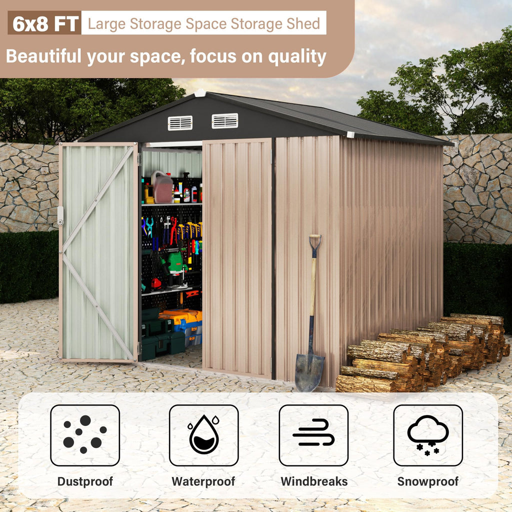 Garvee 6' x 8' Metal Outdoor Storage Shed, Lockable Garden Tool Organizer with Galvanized Steel, Air Vents, Sloped Roof & Weatherproof Storage, Dark Top + Brown Board