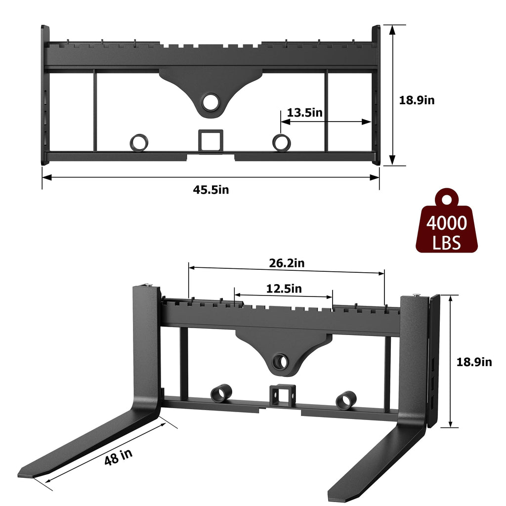 Garvee 4000 lbs Heavy Duty Skid Steer Pallet Fork Attachment - 48" Adjustable Blades, 2" Receiver Hitch & Hay Spear Sleeves - 45.5" Quick Attach Frame Compatible with Kubota & Tractor Loaders
