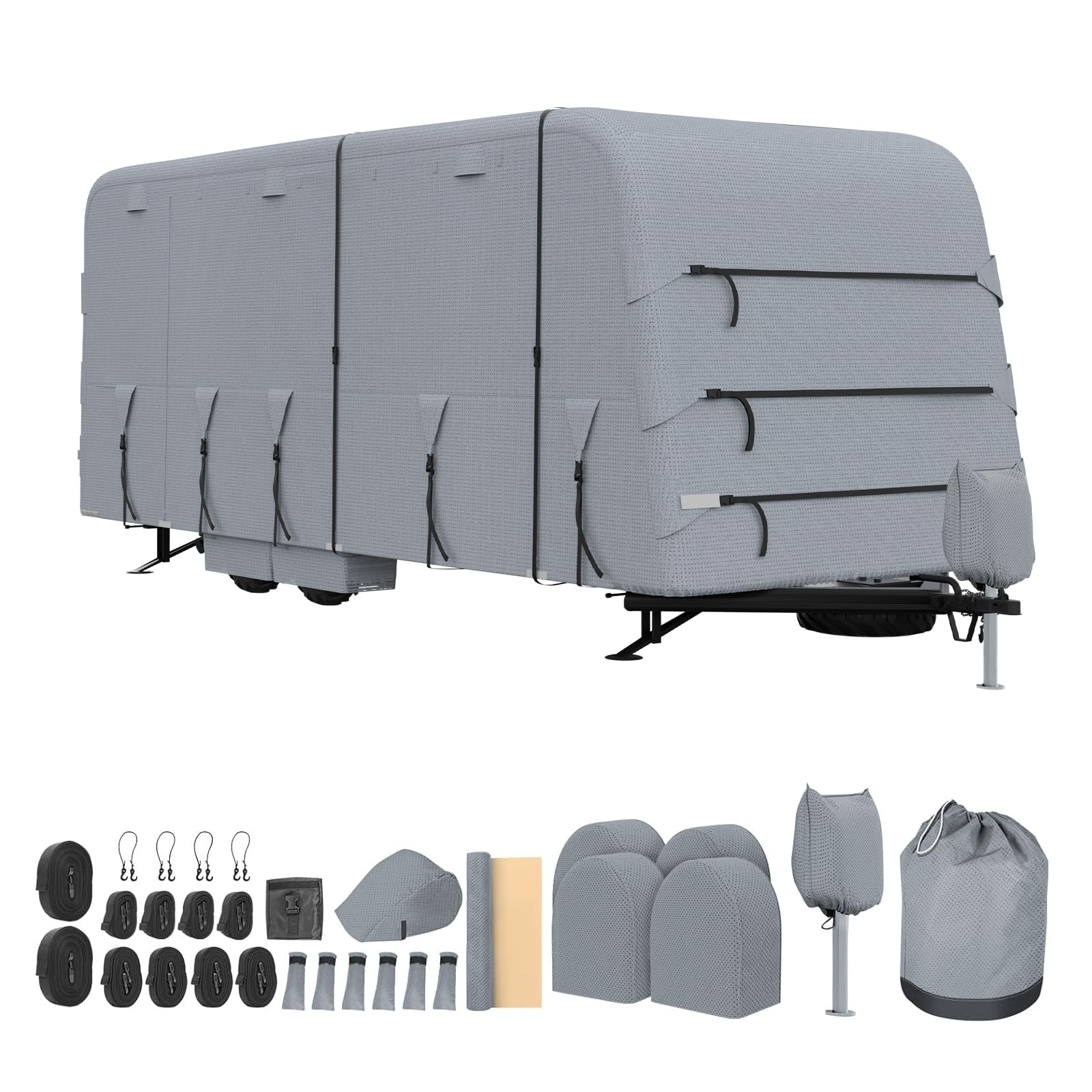 Garvee 33-35FT Heavy-Duty Trailer Cover for Campers, 4-Ply Oxford RV Cover with Waterproof Roof, Breathable Side Vents, UV Protection, Tie-Down Straps, Zipper Access, Tire Covers, and Storage Bag, Grey
