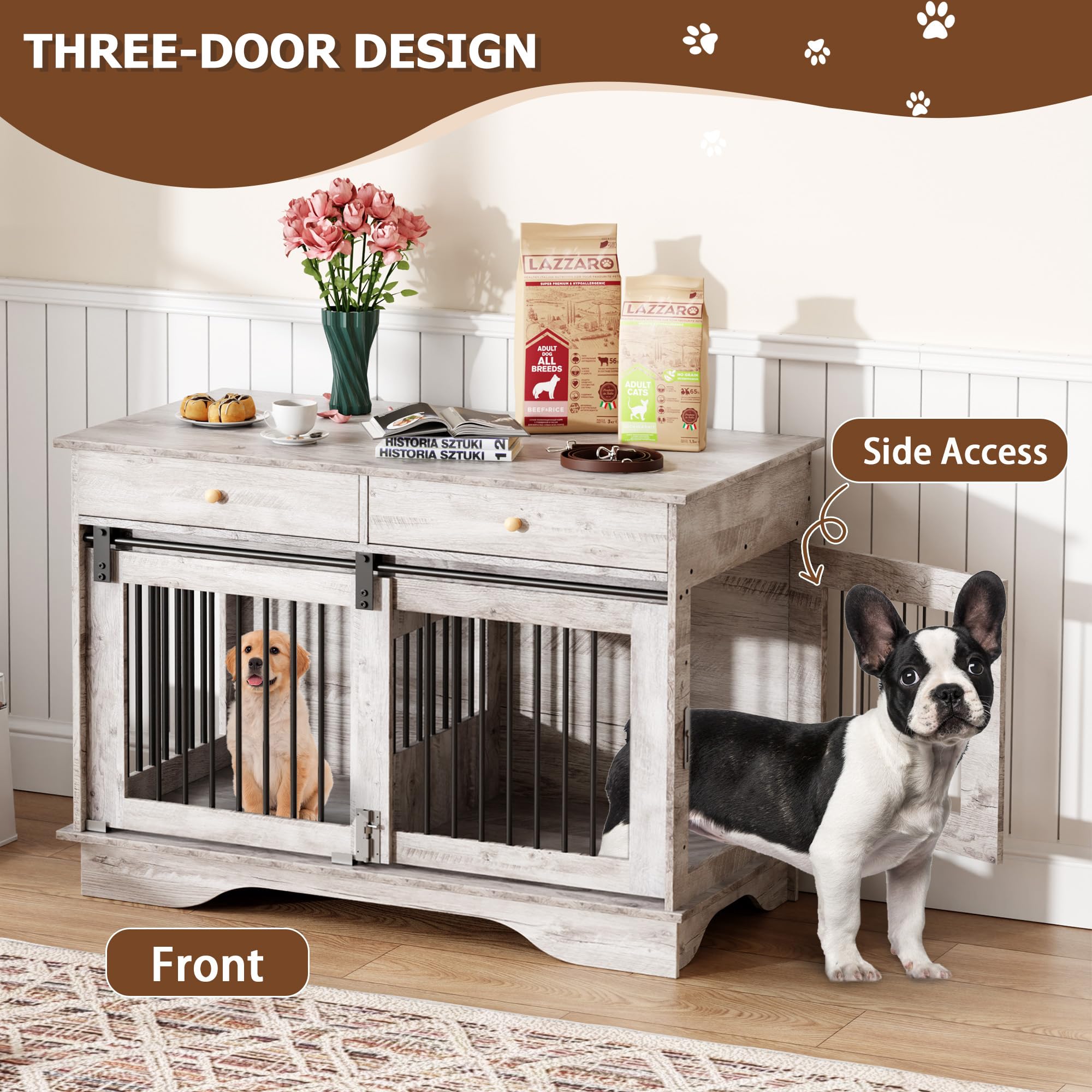 Garvee 2 Pack Spacious Double Dog Crate Furniture, 47" Large Dog Kennel, Removable Divider, 2 Storage Drawers, Chew-Resistant, Triple Door End Table for Small/Medium/Large Dogs, Gray