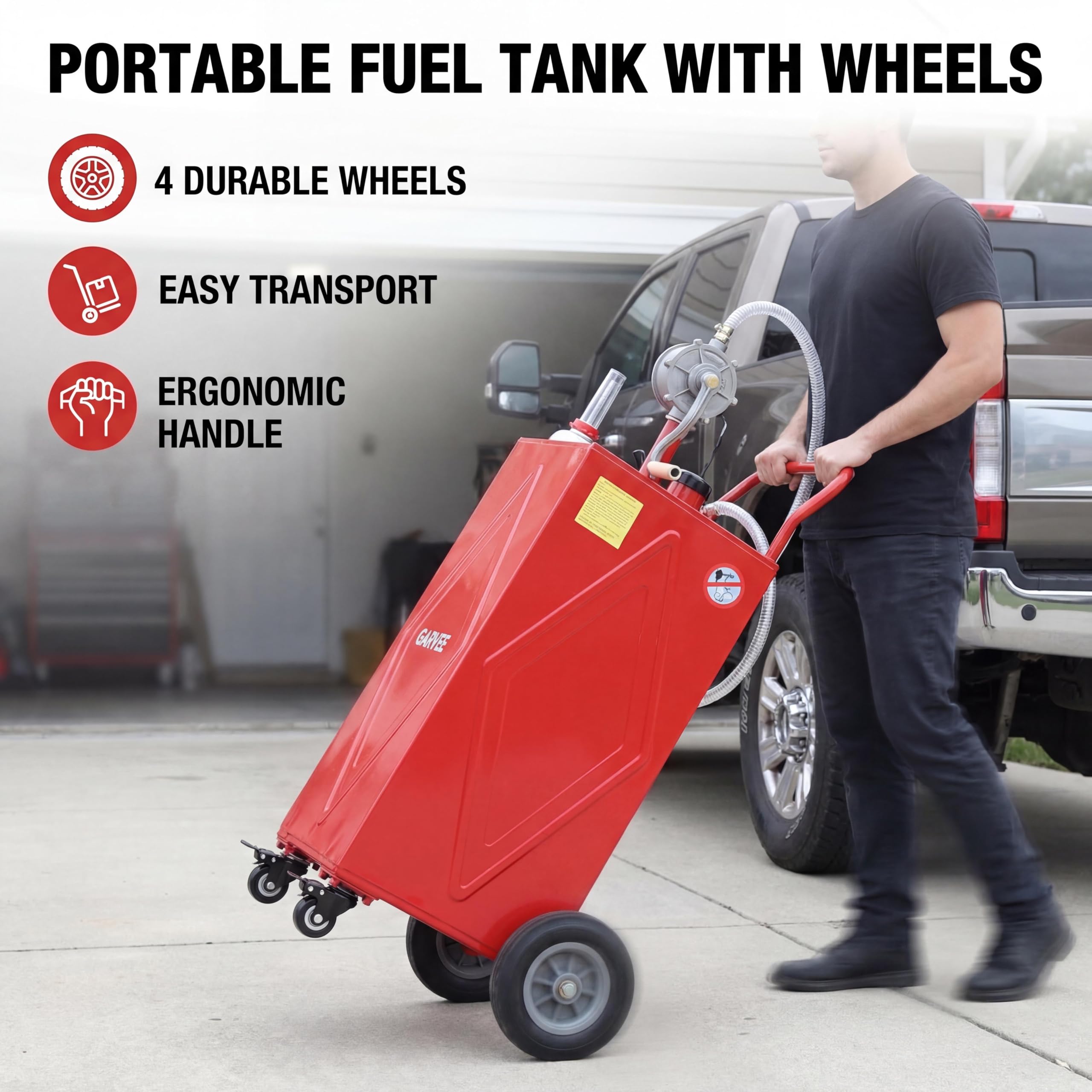 Garvee 30 Gallon Heavy Duty Steel Fuel Caddy with Manual Rotary Pump - All-Terrain 4-Wheel Portable Gas & Fuel Injector Transfer Tank - Leak-Proof Mobile Storage for Trucks, Boats, ATVs, Lawn Mowers, Farm Equipment - Reinforced 4-Wheeler, Red - Li Junjie