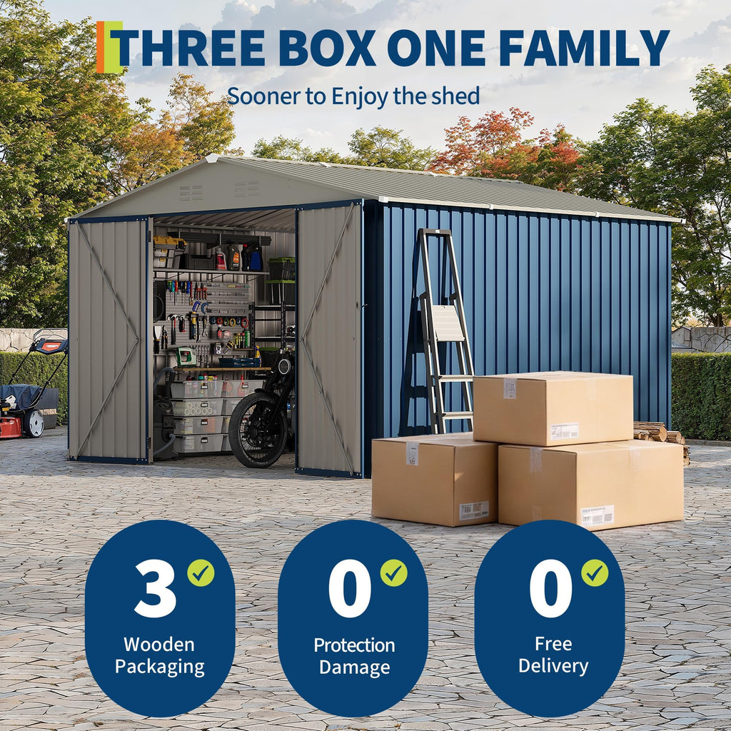Garvee 10' x 10' Blue Metal Outdoor Storage Shed, 540 Cu.Ft. Galvanized Steel Garden Tool Shed with Lockable Door, Peak Roof & Air Vents