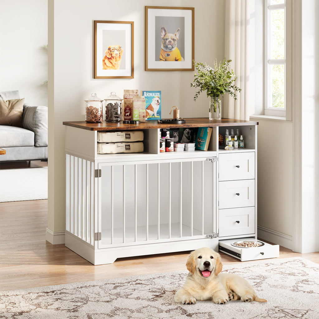 Garvee 48" Dog Crate Furniture with Bowls, Heavy Duty Dog Kennel End Table with 3 Storage Drawers, Locking Door, Farmhouse Style Pet Crate Cabinet for Medium Small Dogs, White