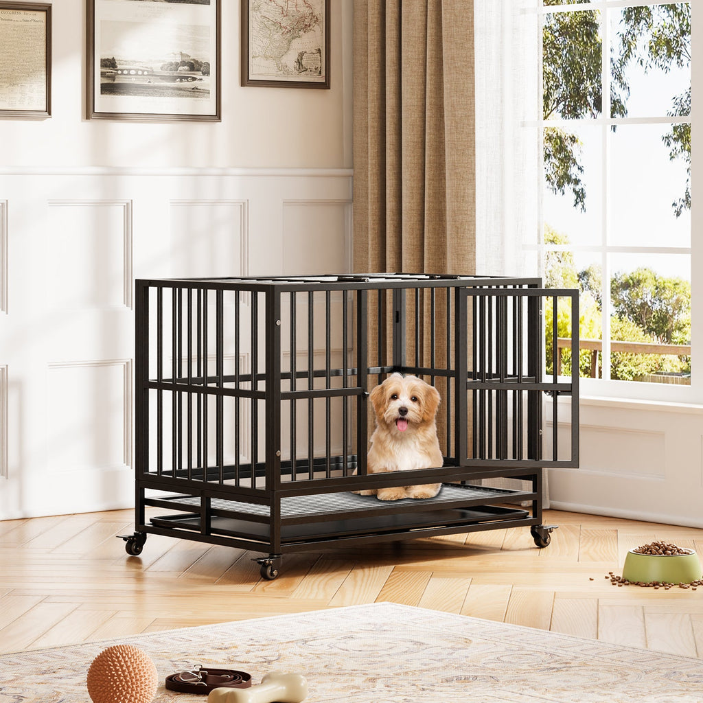 Garvee Heavy Duty Indestructible Dog Crate – Escape-Proof Steel Kennel with Double Doors, 360° Lockable Wheels, Removable Tray, Easy Assembly – Secure Dog Cage for Small, Medium, Large Breeds, Size: 37inch