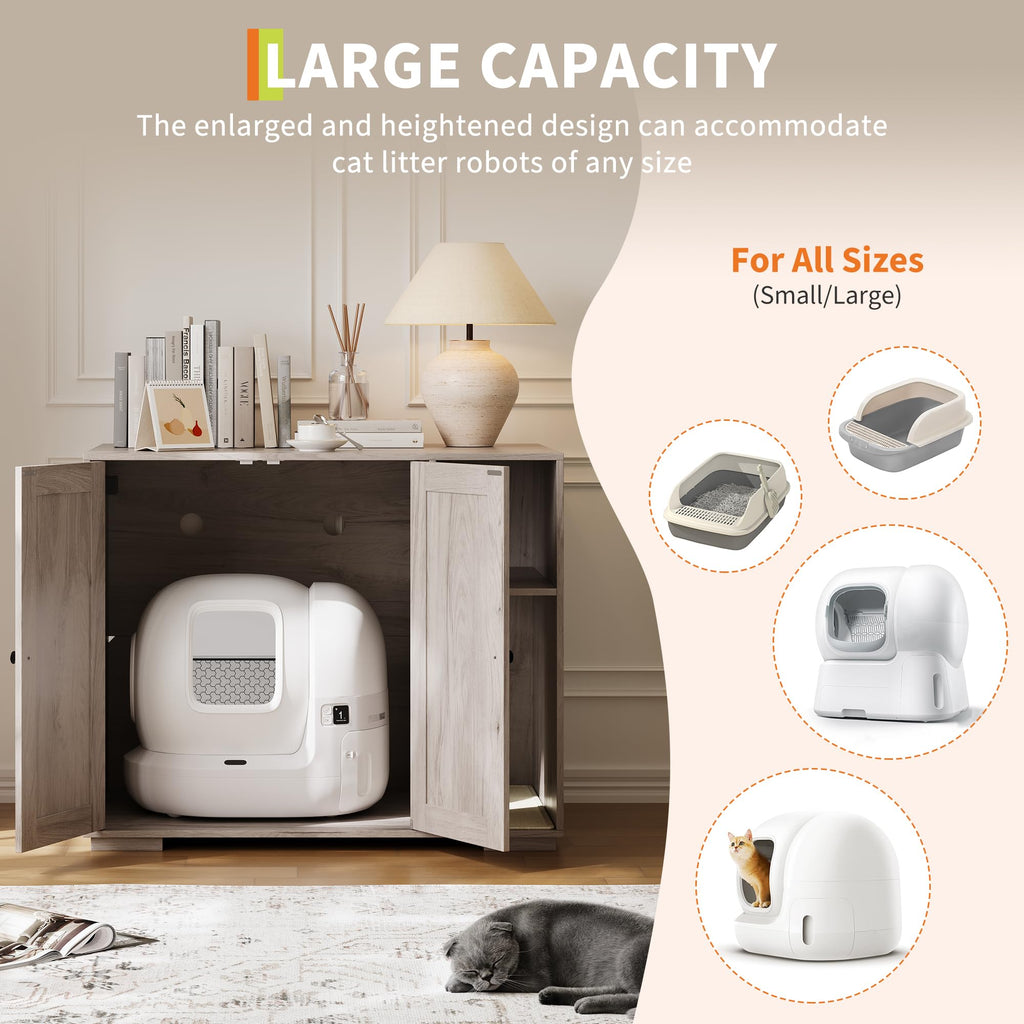 Garvee Dog-Proof Large Cat Litter Box Enclosure with Scratch Pad, Automatic Cleaning, Power Outlet, Wood Material, Dog-Proof Shelf, Spacious Design, Home Use