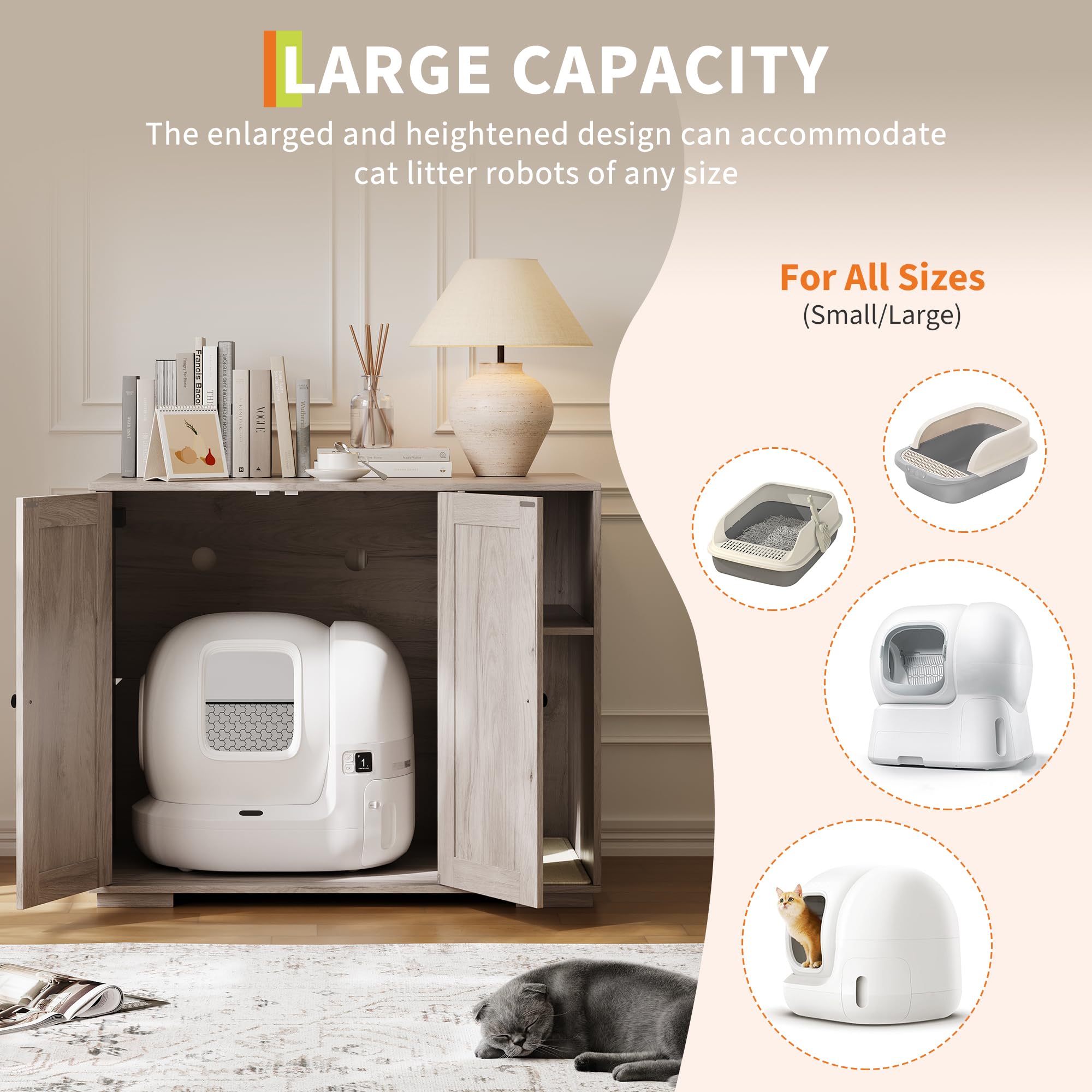 Garvee Dog-Proof Large Cat Litter Box Enclosure with Scratch Pad, Automatic Cleaning, Power Outlet, Wood Material, Dog-Proof Shelf, Spacious Design, Home Use