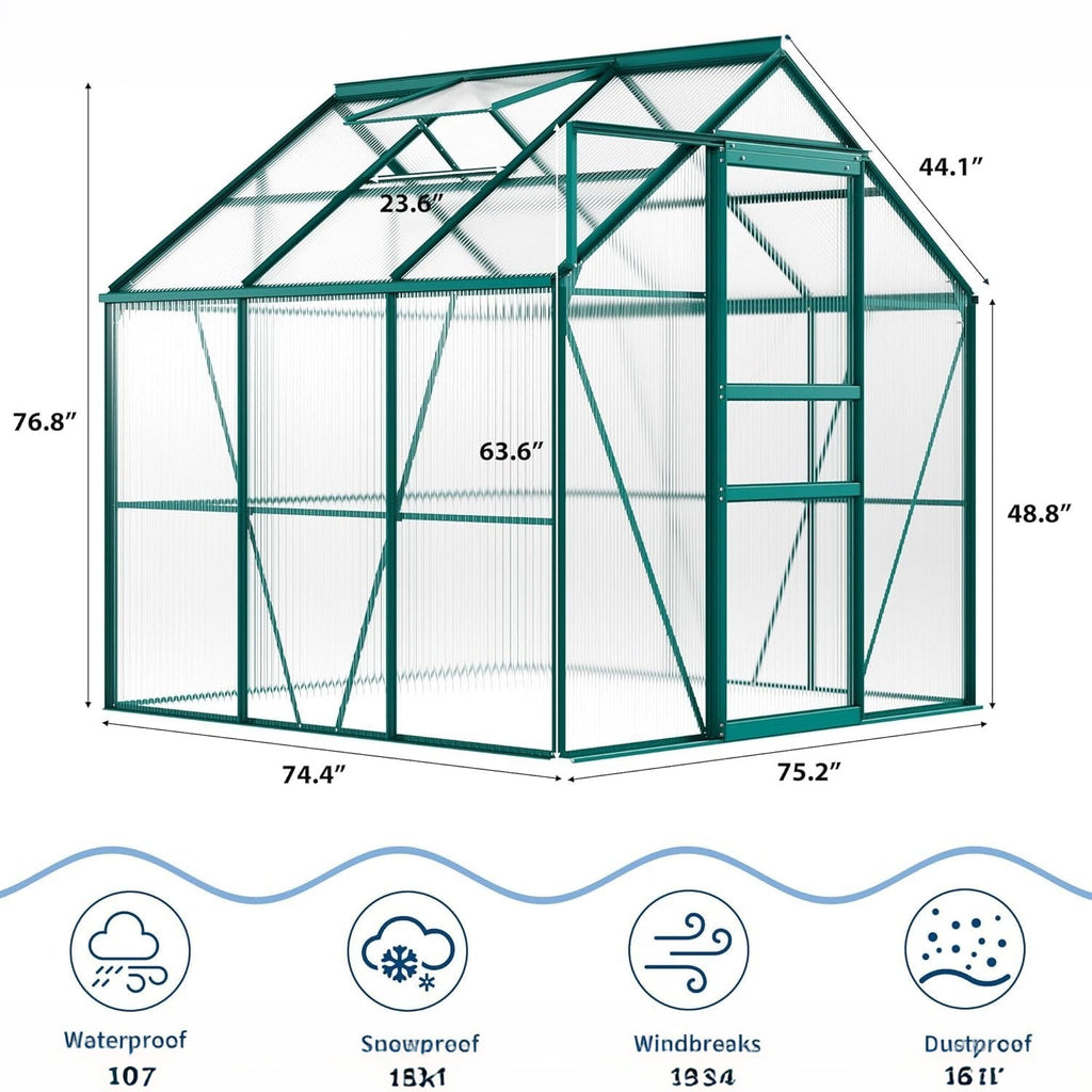 Garvee 6x6 FT Green Heavy Duty Polycarbonate Greenhouse – Aluminum Frame, Lockable Sliding Door, Adjustable Roof Vent, Rain Gutter, All-Weather Walk-In Design, Easy Setup for Backyard, Patio