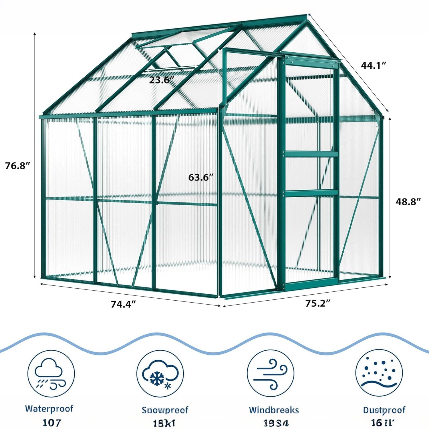 Garvee 6x6 FT Green Heavy Duty Polycarbonate Greenhouse – Aluminum Frame, Lockable Sliding Door, Adjustable Roof Vent, Rain Gutter, All-Weather Walk-In Design, Easy Setup for Backyard, Patio