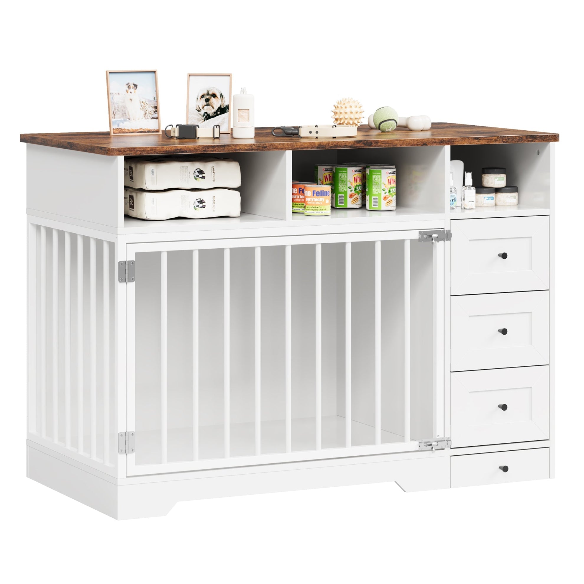Garvee 48" Dog Crate Furniture with Bowls, Heavy Duty Dog Kennel End Table with 3 Storage Drawers, Locking Door, Farmhouse Style Pet Crate Cabinet for Medium Small Dogs, White
