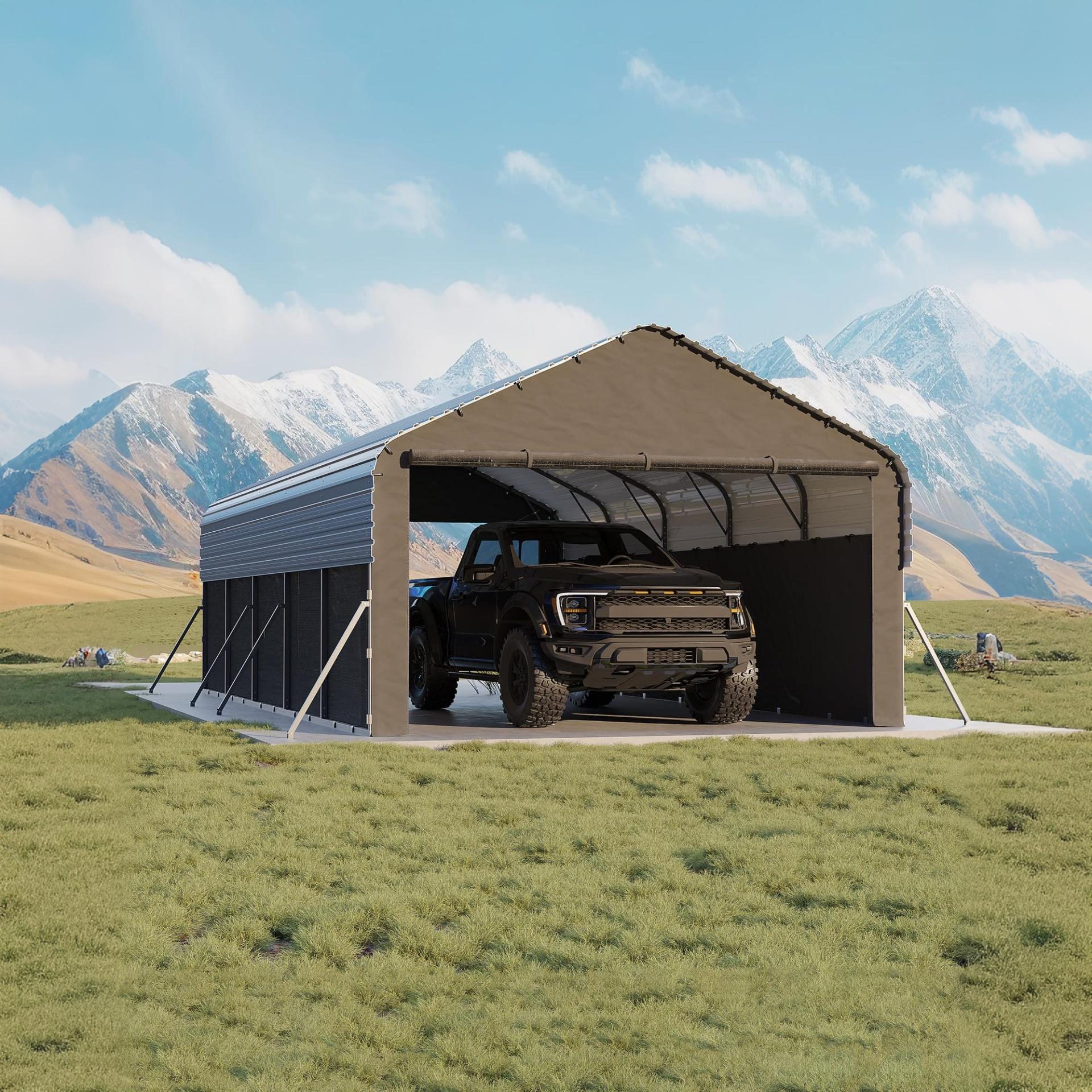 Garvee Enclosed Metal Carport 12×24 ft, 220g PE Tarp, 1.6" 19-Gauge Steel Frame with Roll-Up Doors for Trucks Boats Tractors