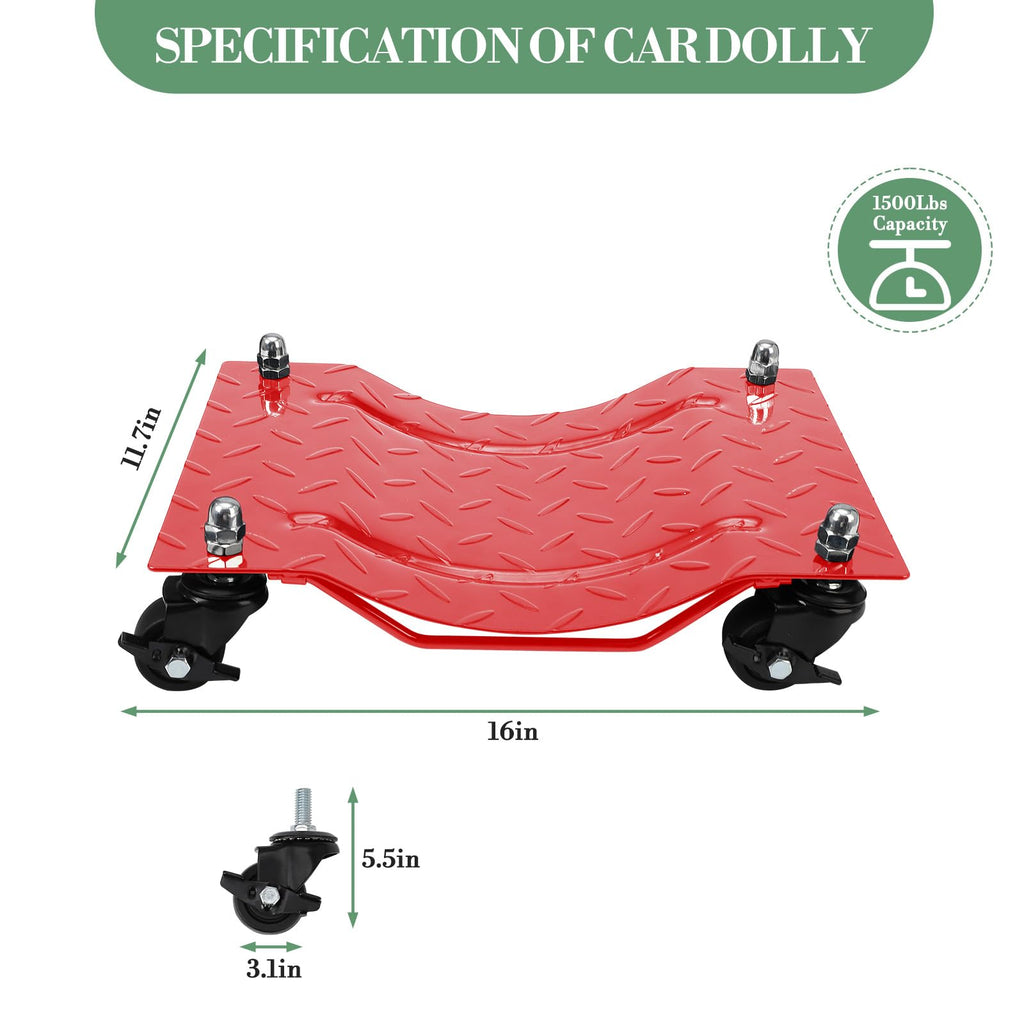 Garvee Upgraded Wheel Dolly Set of 4 - 6000LBS Capacity Vehicle Dollies with 360° Rotational Nylon Wheels, Steel Tire Skates with Brakes, 5mm Steel Plate for Moving Cars, Trucks, and Carts, Red
