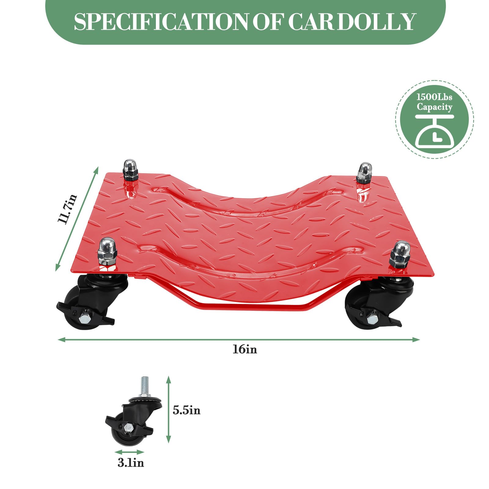 Garvee Upgraded Wheel Dolly Set of 4 - 6000LBS Capacity Vehicle Dollies with 360° Rotational Nylon Wheels, Steel Tire Skates with Brakes, 5mm Steel Plate for Moving Cars, Trucks, and Carts, Red