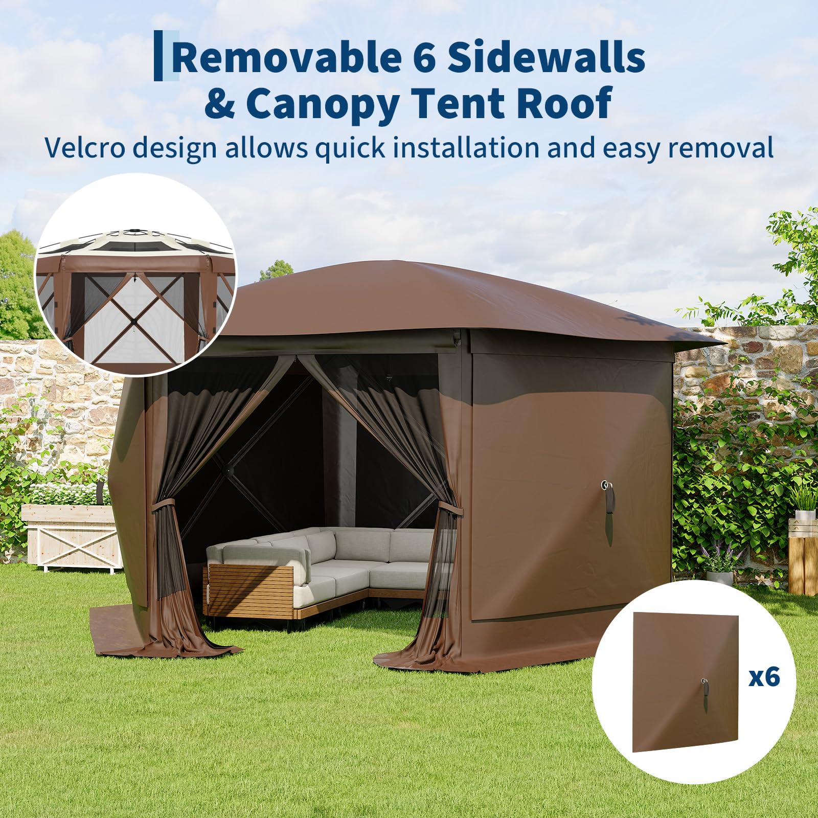Garvee 13' x 13' Khaki Screen Tent, Quick-Set 6-Sided Canopy Shelter with Removable Top & Mesh Walls, Bite-Proof Outdoor Sun Shade for Camping, Patio & Backyard