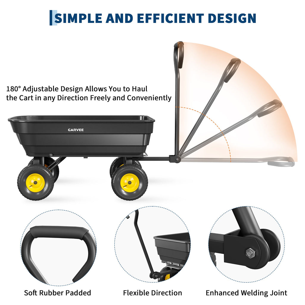 Garvee 600 lb Heavy-Duty Poly Garden Dump Cart, Utility Wagon with Quick-Tilt Dump System, 10" No-Flat All-Terrain Wheels, Convertible Tow Handle & Reinforced Steel Frame for Yard, Soil, Rocks & Landscaping, Black/Yellow