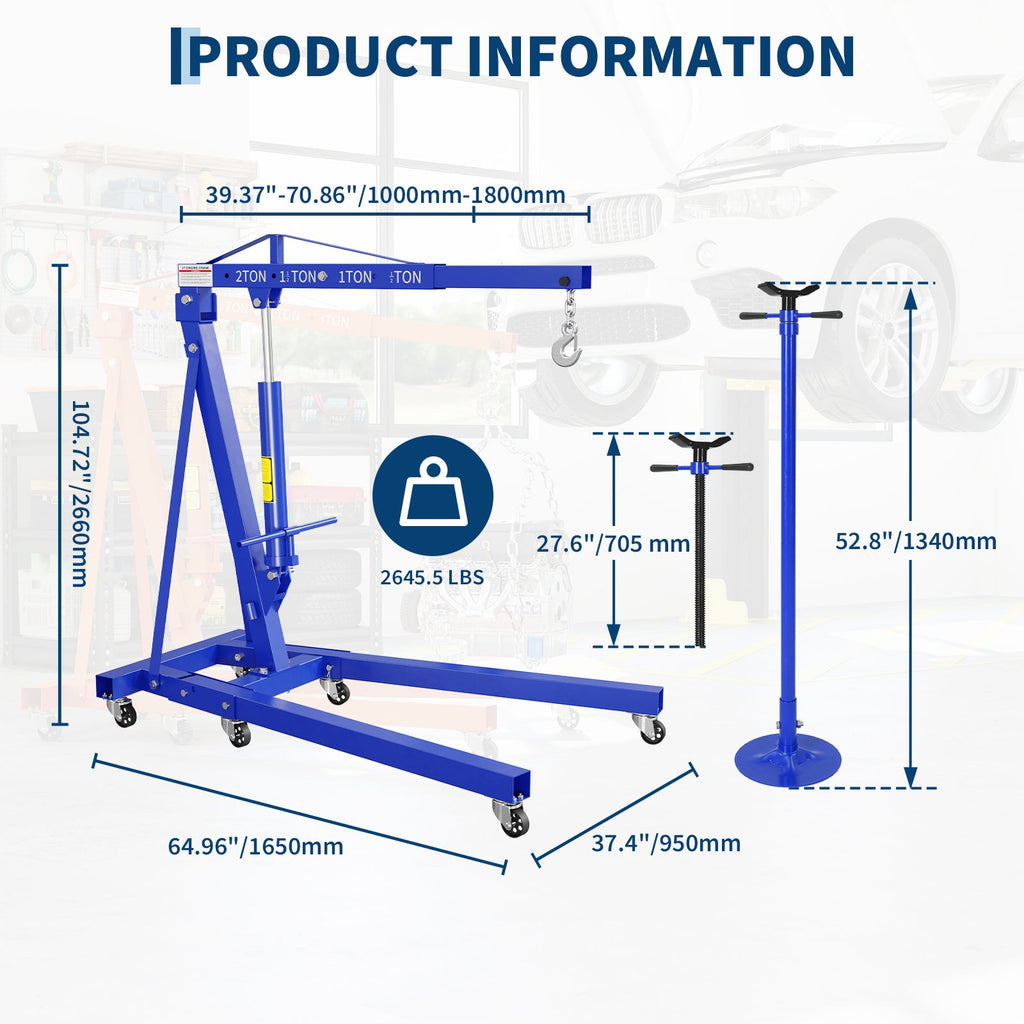 Garvee 2 Ton Folding Hydraulic Engine Hoist with Leveler and Safety Stand, 4400 lbs Capacity Heavy Duty Shop Crane Cherry Picker, 8 Ton Ram,