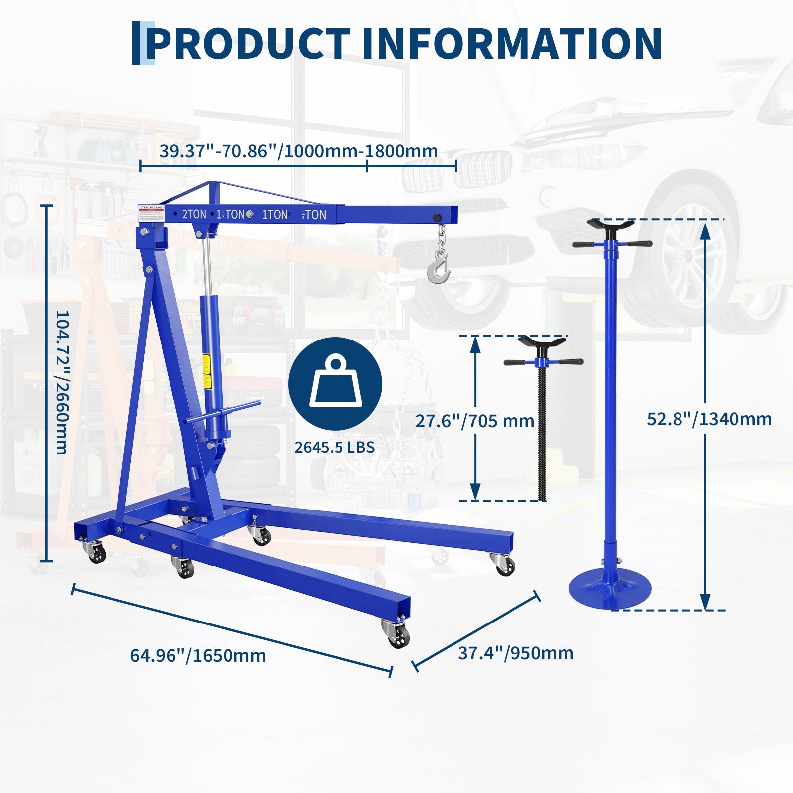 Garvee 2 Ton Folding Hydraulic Engine Hoist with Leveler and Safety Stand, 4400 lbs Capacity Heavy Duty Shop Crane Cherry Picker, 8 Ton Ram,