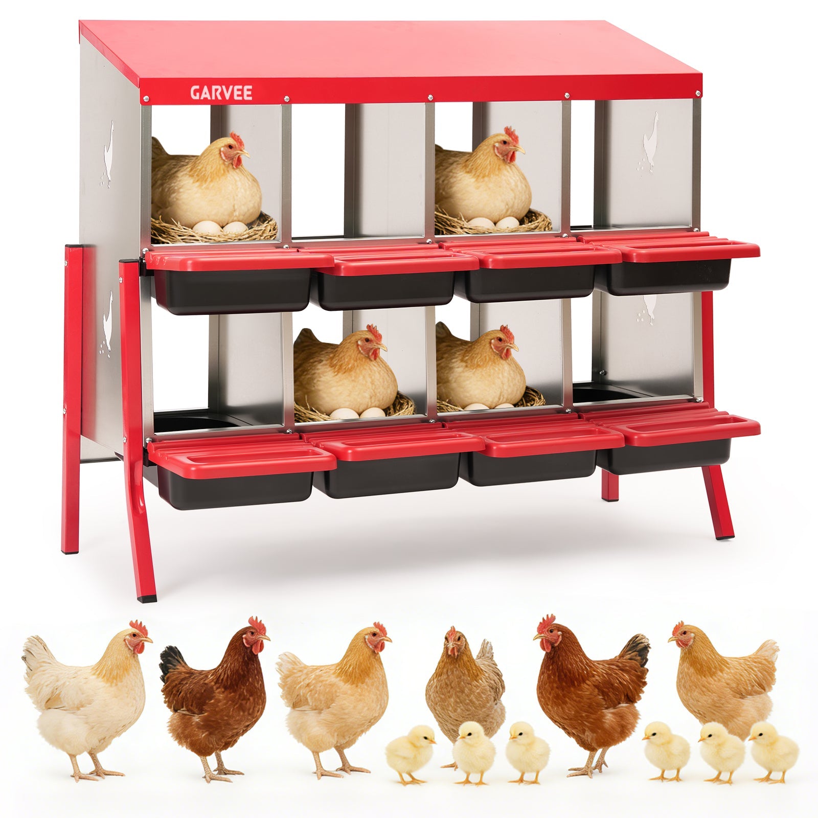Garvee 8 Compartment Metal Chicken Nesting Box – Heavy Duty Galvanized Steel, Easy Clean Removable Tray, Soft Cushion, Ventilated, Bracket Legs for Outdoor Chicken Coop – Red with Chicken Design