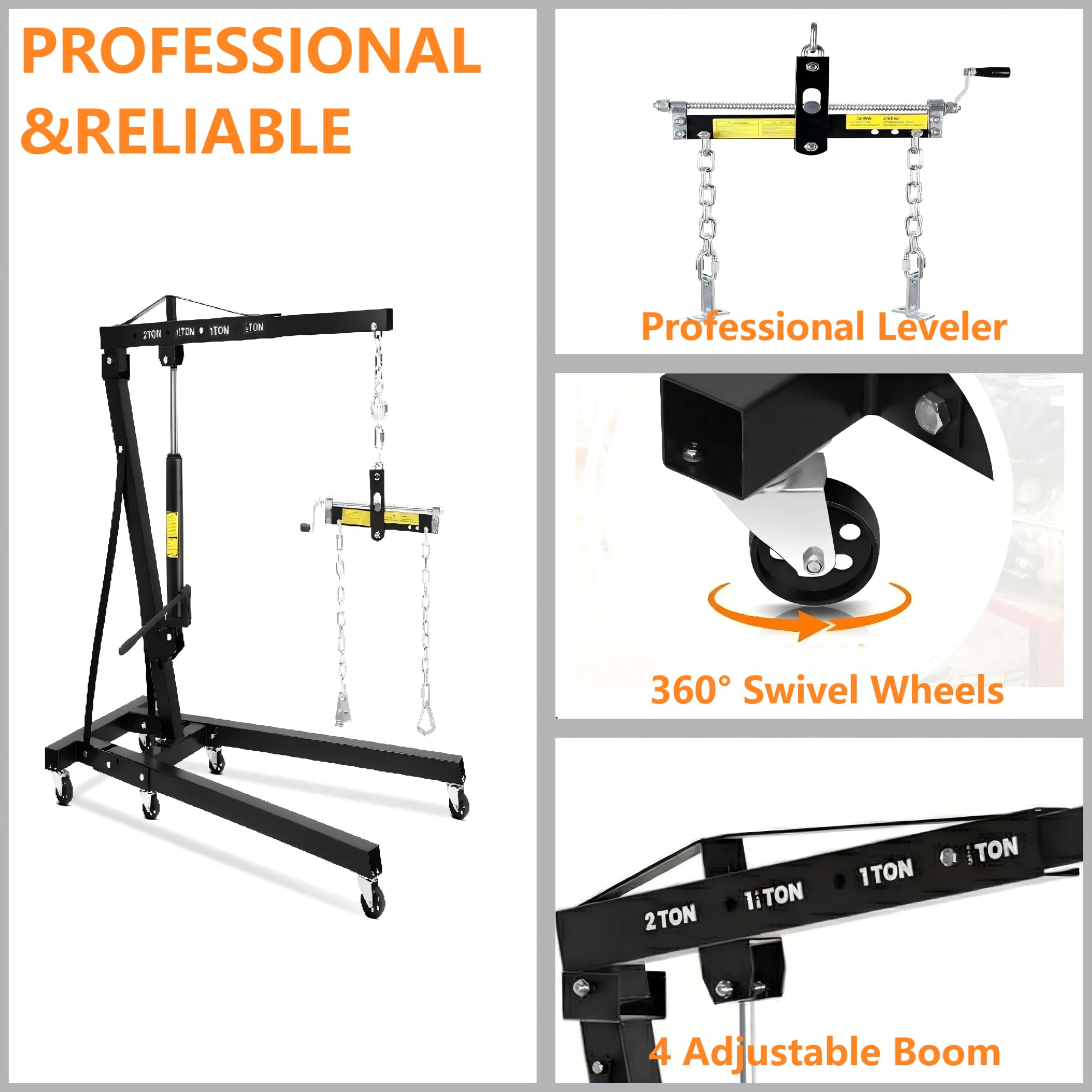 Garvee 2 Ton Engine Hoist 4400 Lbs Capacity Folding Hydraulic Heavy-Duty Carbon Steel 6 Casters with Brakes Adjustable Boom Garage Workshop