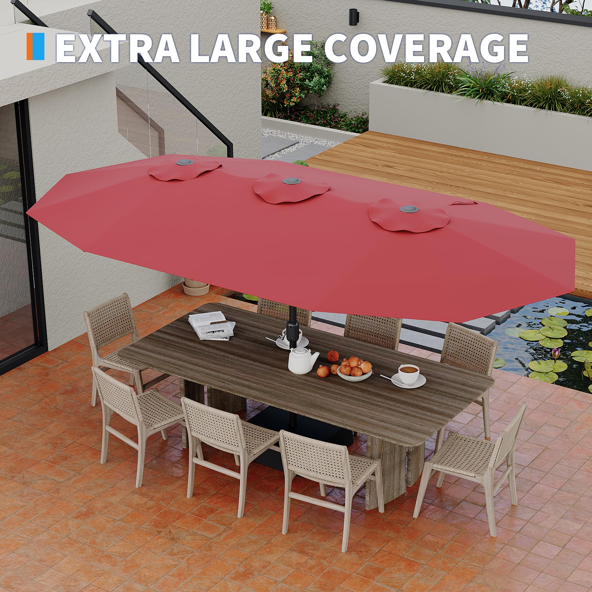 Garvee 15' Double-Sided Rectangular Patio Umbrella with Base, Large Outdoor Pool Umbrella, Red