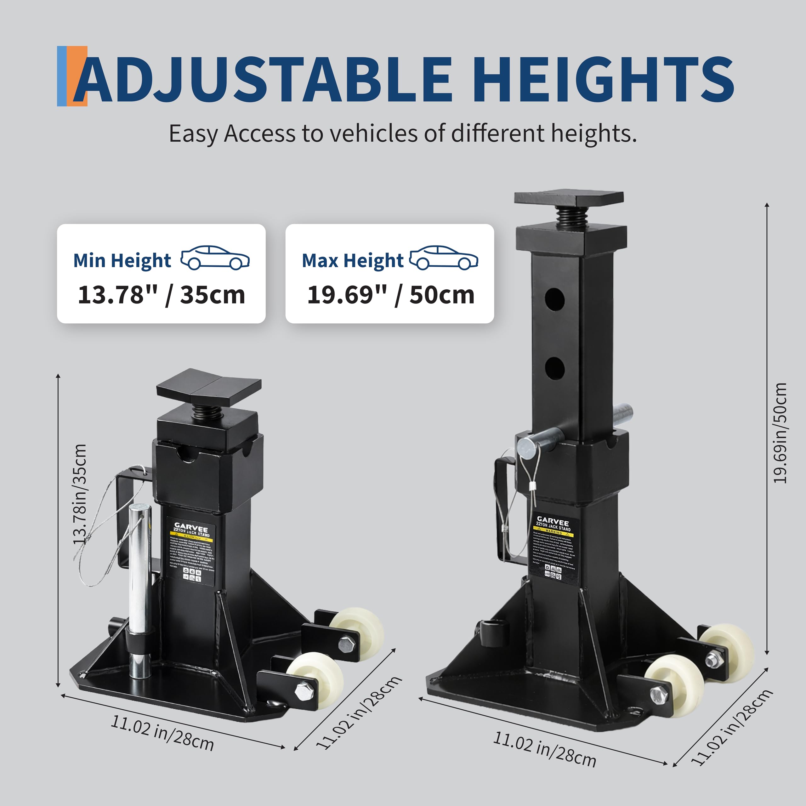 Garvee 22 Ton Jack Stands, Heavy-Duty Pin-Type Car Jack Stands with Lock, 2 Caster Wheels, Wide Base Safety Design, Adjustable Height (13.8"-19.7") for Trucks, Trailers, and Equipment, Black