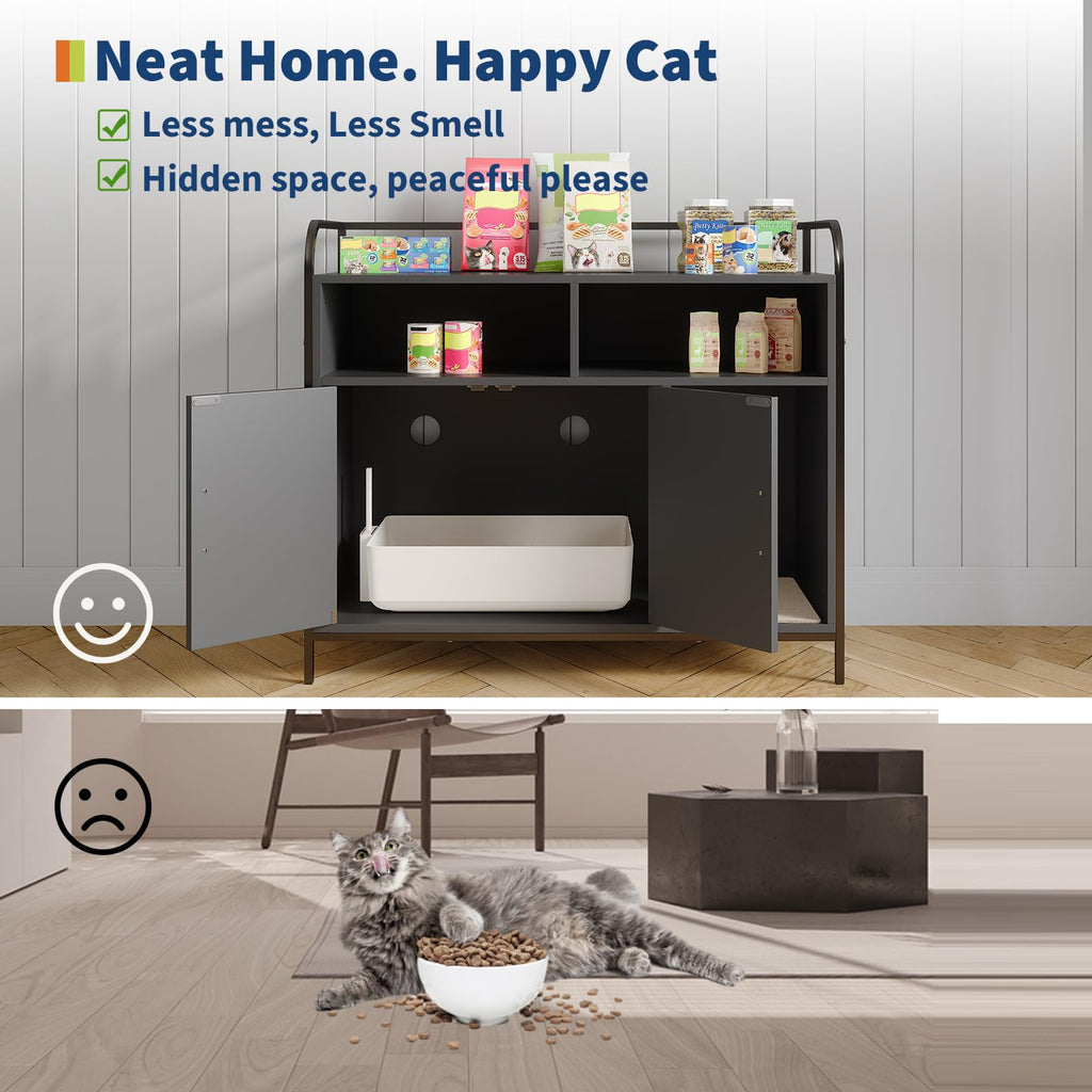 Garvee Cat Litter Box Enclosure, Wooden Cat Washroom Furniture with Barn Door, Storage Shelf and Top Display Shelf, Hidden Litter Box Cover, Dog Proof Feline Litter Boxes, Kitty House, Fits Most Litter Boxes, Black