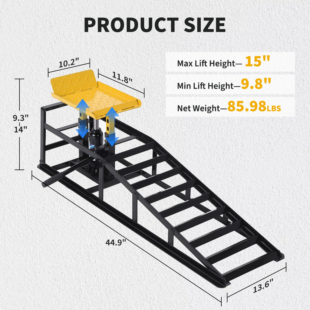 Garvee Heavy Duty Hydraulic Car Ramps 2-Pack – 11,000 lbs Capacity – Adjustable Low Profile Lift 11.6"-16.2" – Steel Construction – Non-Slip Surface – For Oil Changes, Brakes, Garage Repair – Black Shelf + Yellow Tablet