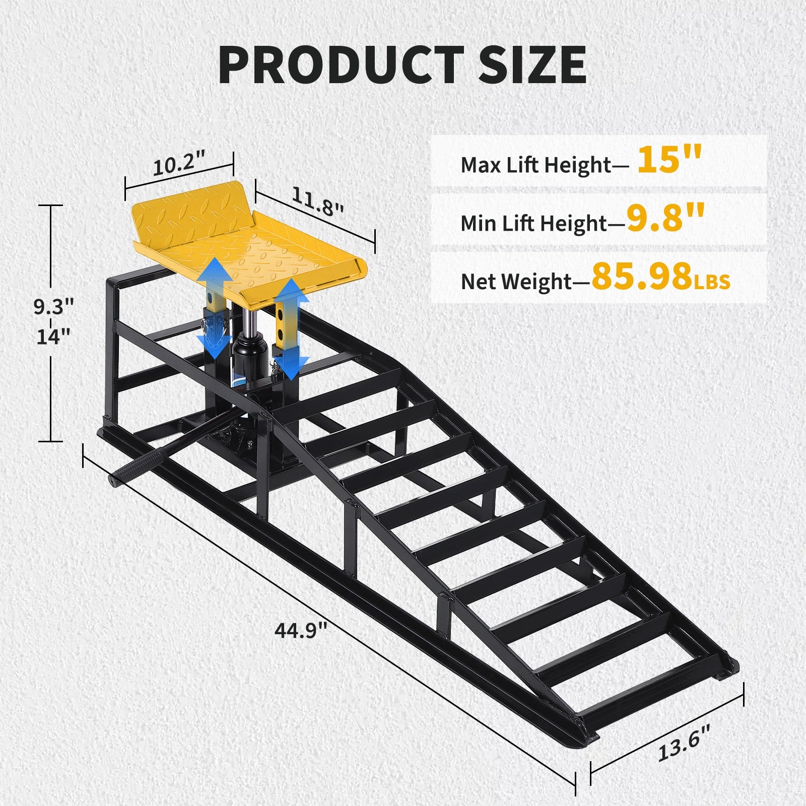 Garvee Heavy Duty Hydraulic Car Ramps 2-Pack – 11,000 lbs Capacity – Adjustable Low Profile Lift 11.6"-16.2" – Steel Construction – Non-Slip Surface – For Oil Changes, Brakes, Garage Repair – Black Shelf + Yellow Tablet