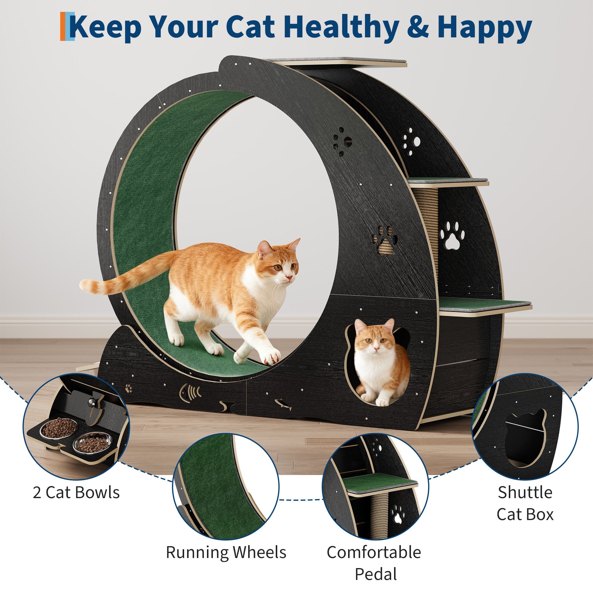 Garvee Large Cat Exercise Wheel for Indoor Cats - 3-Tier Climbing Tower & Grazeing Post - Silent Treadmill for Training, Exercise & Obesity Prevention - Black