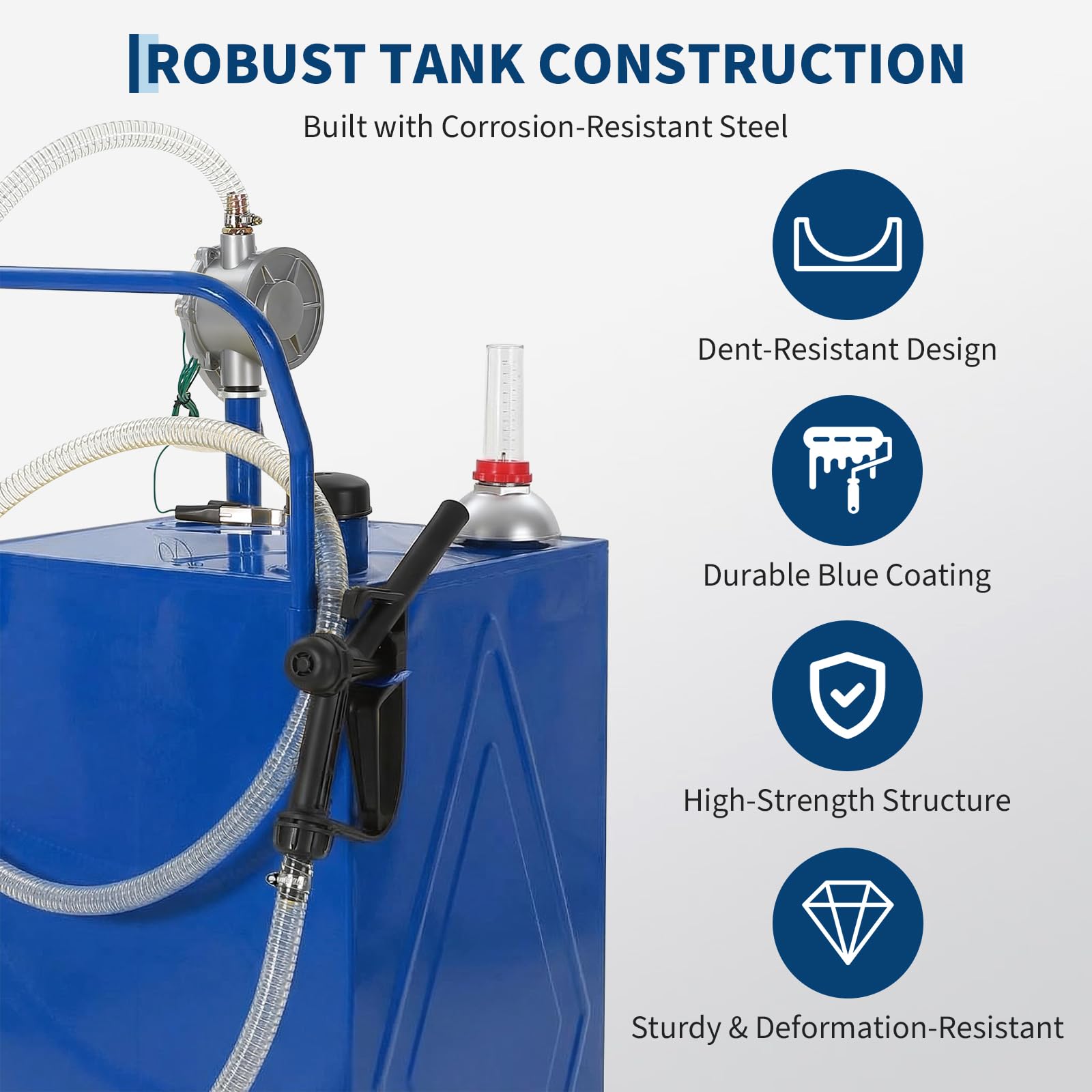 Garvee 35 Gallon Portable Fuel Gas Caddy Storage Tank – Reinforced 2-Wheel, 2-Support Design, Manual Rotary Pump, Vented Cap, Level Gauge, Fuel Hose – Gasoline/Fuel Transfer for ATV, Tractor, Mower, Car, Boat – Reinforced 2-wheel, 2-support version - Blue