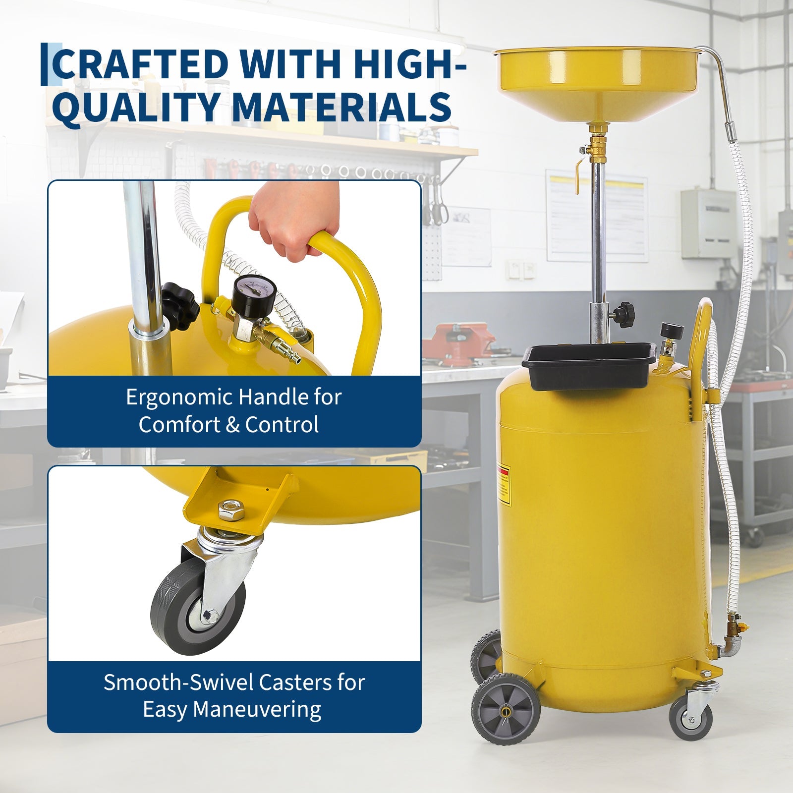 Garvee 20 Gallon Portable Air-Operated Waste Oil Drainer with Adjustable 15" Funnel, Heavy-Duty Steel, Rust-Proof Finish, Casters, Toolbox - Auto Shops