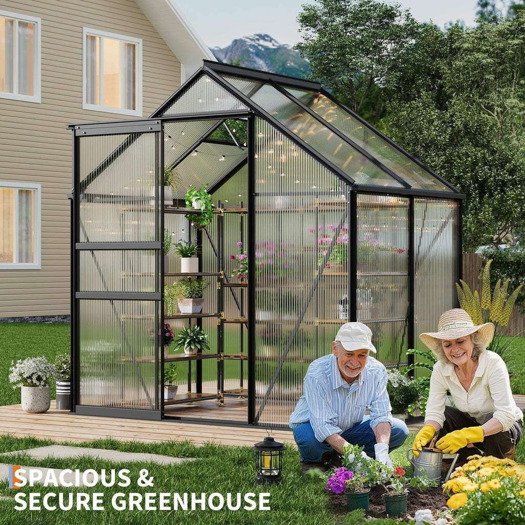 Garvee Heavy-Duty Polycarbonate Walk-in Greenhouse for Backyard, Patio, Garden – Aluminum Frame, Sliding Door, Roof Vent, Rain Gutter, High Light Transfer, All-Weather Protection – 6x4FT, Black Oxide