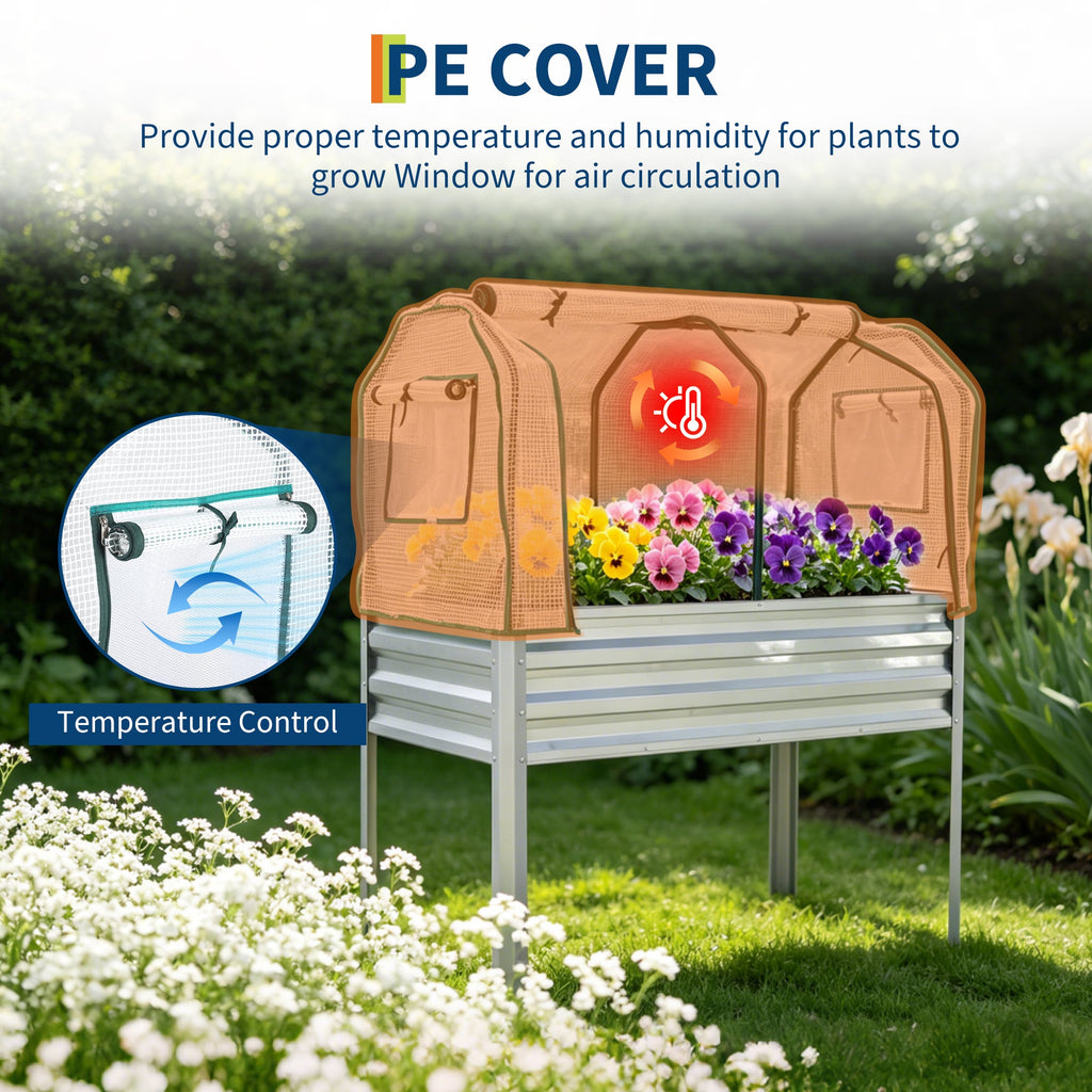 Garvee Raised Garden Bed with Cover 48" × 24" × 30", Silver Galvanized Metal Planter Box with PE Greenhouse Cover, Legs & Drainage Holes