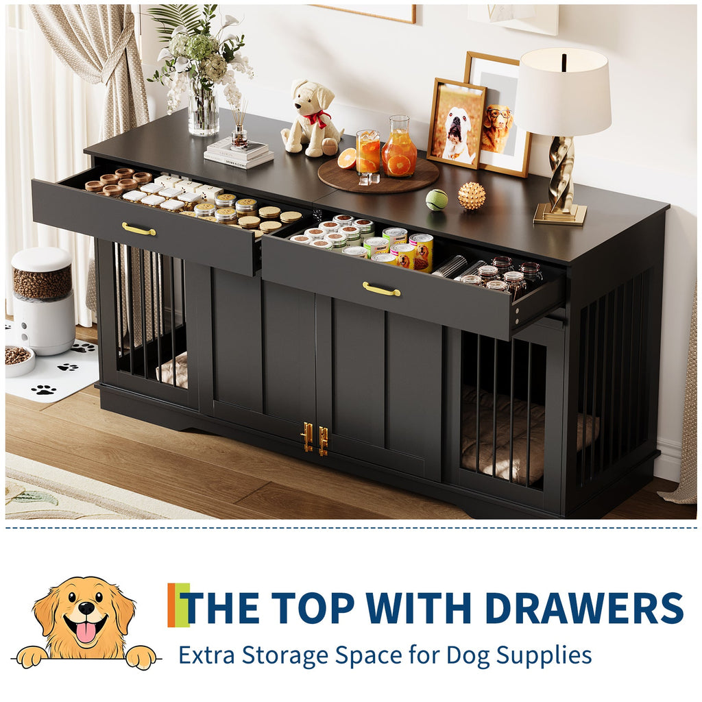 Garvee 71" Extra Large Dog Crate Furniture, Heavy Duty Wood  Double Kennel Furniture with Removable Divider, 2 Lockable Doors & 2 Drawers, Indoor Pet Crate End Table TV Stand for Living Room