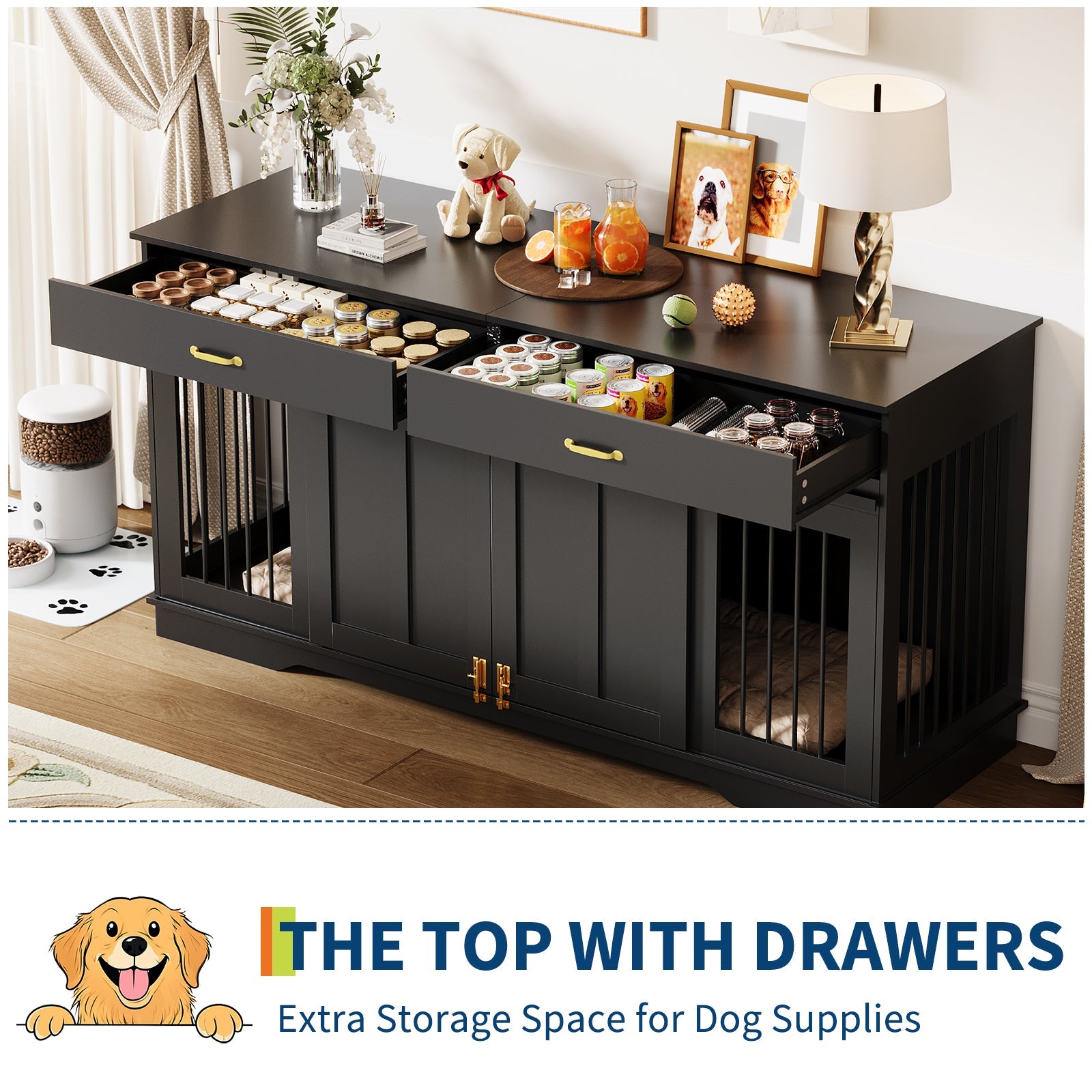 Garvee 71" Extra Large Dog Crate Furniture, Heavy Duty Wood  Double Kennel Furniture with Removable Divider, 2 Lockable Doors & 2 Drawers, Indoor Pet Crate End Table TV Stand for Living Room