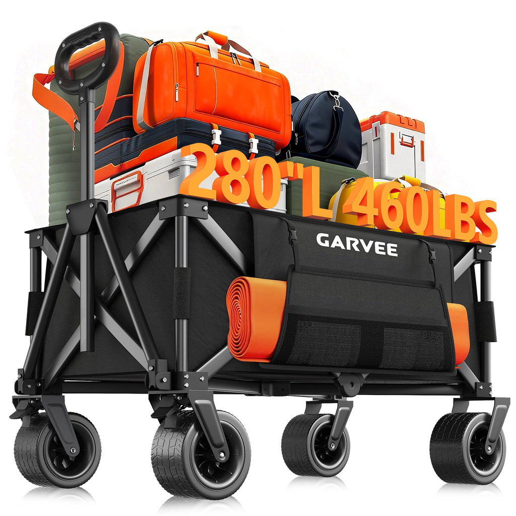 Garvee Heavy Duty Collapsible Garden Wagon Cart, 280L Large Folding Utility Wagon with 460 lb Capacity, All-Terrain Wheels, Side Pockets, Cup Holders & Storage Cover, Black