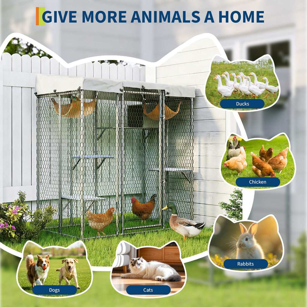Garvee Large Outdoor Cat House Catio, Walk-In Metal Enclosure with 4 Platforms, Hammock, Weatherproof Canopy, Resting Condo, Spacious Shelter for Multiple Cats, Patio/Yard Use – Size JYCC-X200
