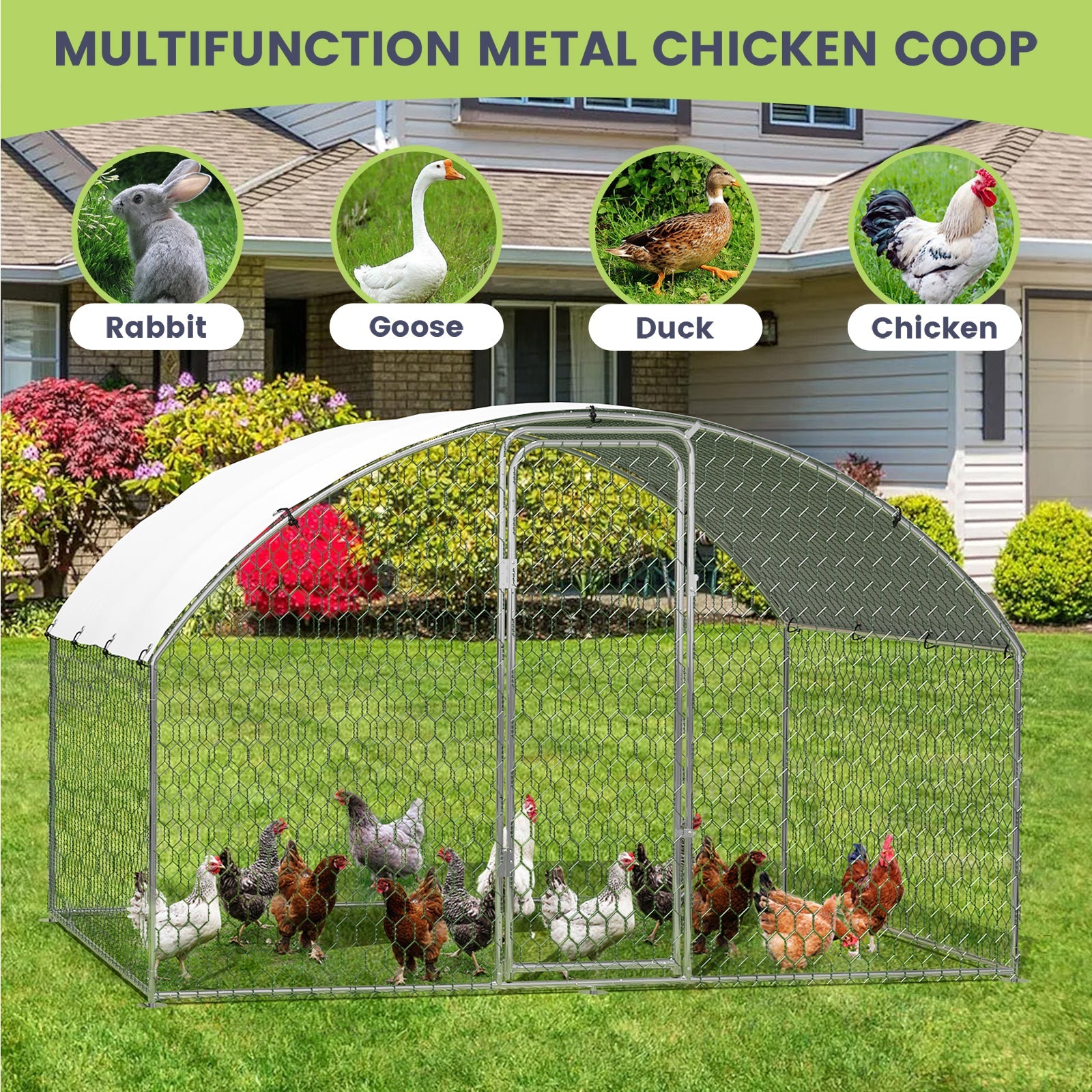 Garvee Spacious Walk-In Metal Chicken Coop - Dome Roof, Waterproof & UV-Resistant Cover, Lockable Door, Outdoor Poultry Cage for Hens, Ducks & Small Animals, Ideal for Backyard & Farm - Size: 9.8 x 6.5 x 6.5 ft