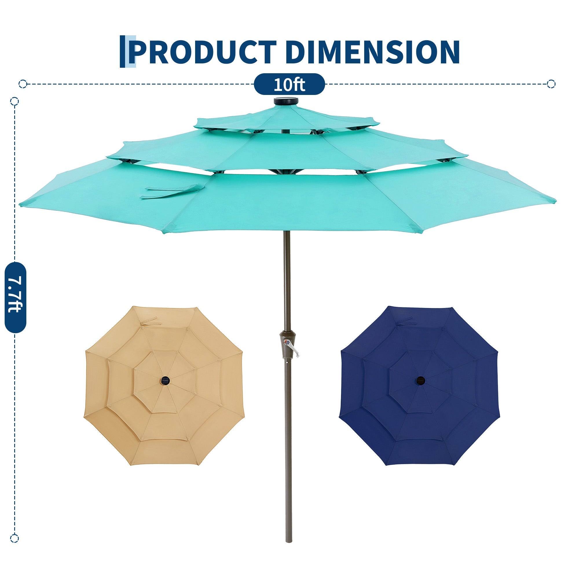 Garvee 9FT 3-Tier Solar LED Patio Umbrella, UV-Resistant Outdoor Market Umbrella with Crank & Tilt, 24 LED Lights & 8 Ribs, Light Blue