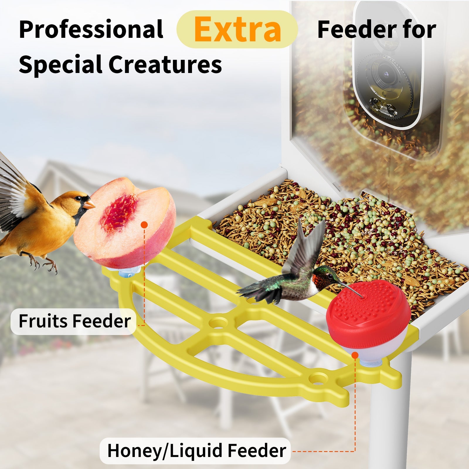 Garvee Smart Bird Feeder with 2.5k Camera & AI Recognition, Solar Powered, 67 Fl.Oz Capacity, Night Vision, App Alerts, Auto Capture Photos/Videos for Bird Watching, Squirrel Deterrent, Yellow