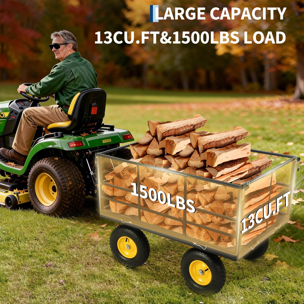 Garvee 1500 LB Garden Dump Cart with 13 in All Terrain Tires, 3-in-1 Yard Wagon Cart with Removable Side Panels, Heavy Duty Outdoor Metal Utility Wagon Yard Trailer for Outdoor Lawn, Yard, Backyard