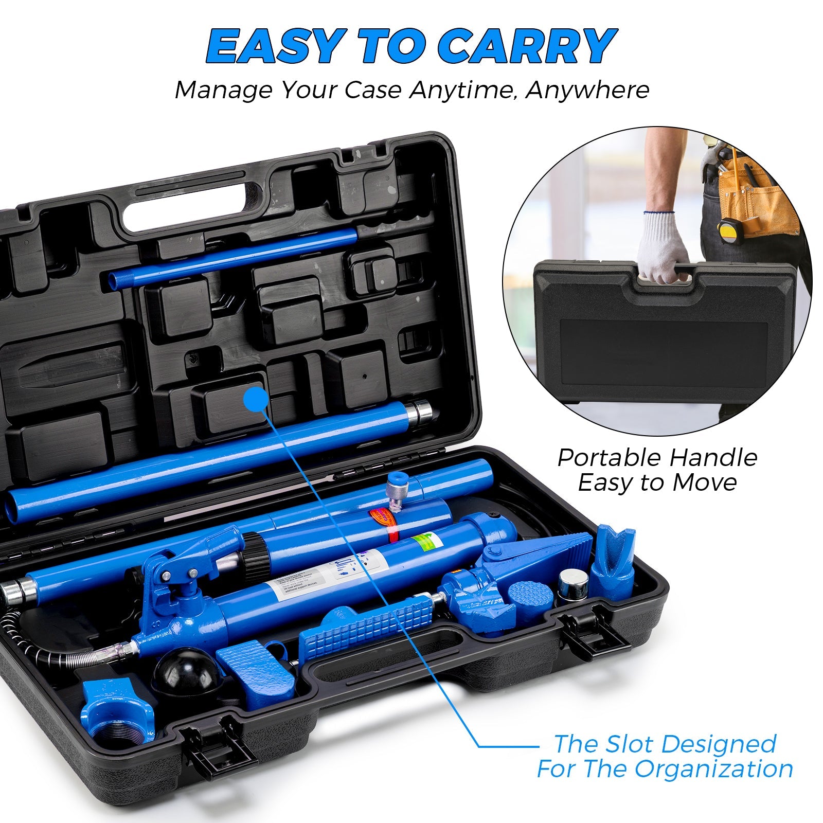 Garvee Porta Power Hydraulic Jack Kit, 12 Ton (26,455 lbs) Heavy-Duty Auto Body Frame Repair Tool with 4.6ft (1.4m) Oil Hose, Portable Ram Set, and Storage Case for Car, Truck, Garage Lifting, and Bending, Blue