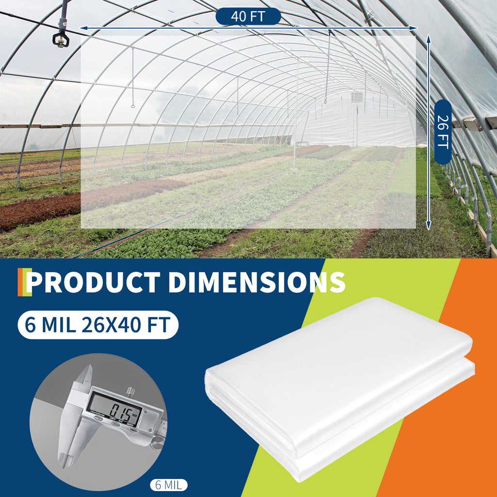 Garvee Greenhouse Plastic Sheeting 26 × 40 FT, 6 Mil Clear LDPE Greenhouse Film with 2-Year Anti-Aging Protection for Farm, Garden, Agriculture, Painting and Outdoor Covering